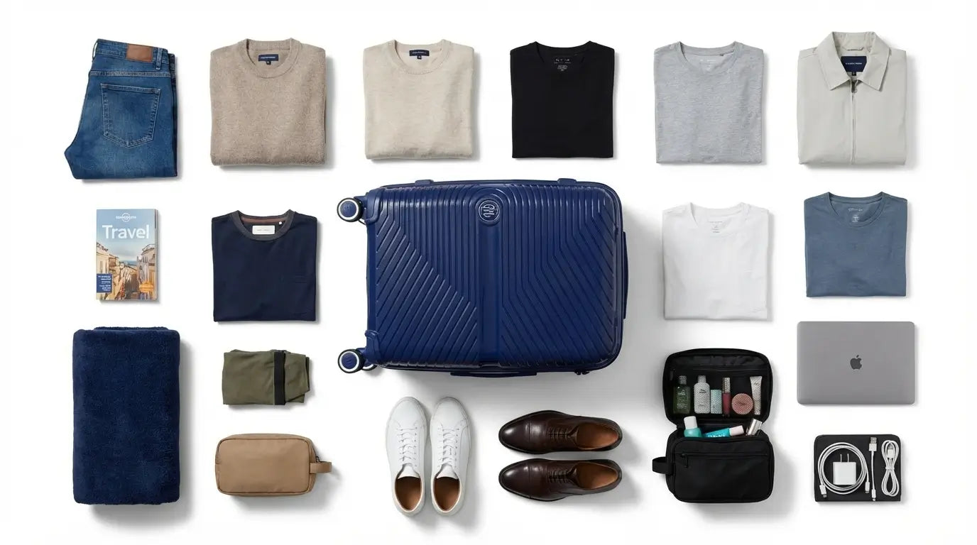 Valise soute fermée entourée de vêtements, chaussures, ordinateur et accessoires représentant le contenu équivalent à 20 kg de bagages