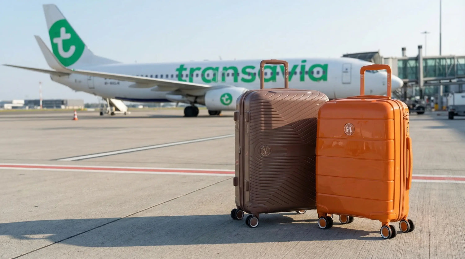 Deux valises soute de 75 cm placées sur le tarmac devant un avion Transavia, illustrant les règles de bagages en soute pour les vols Transavia