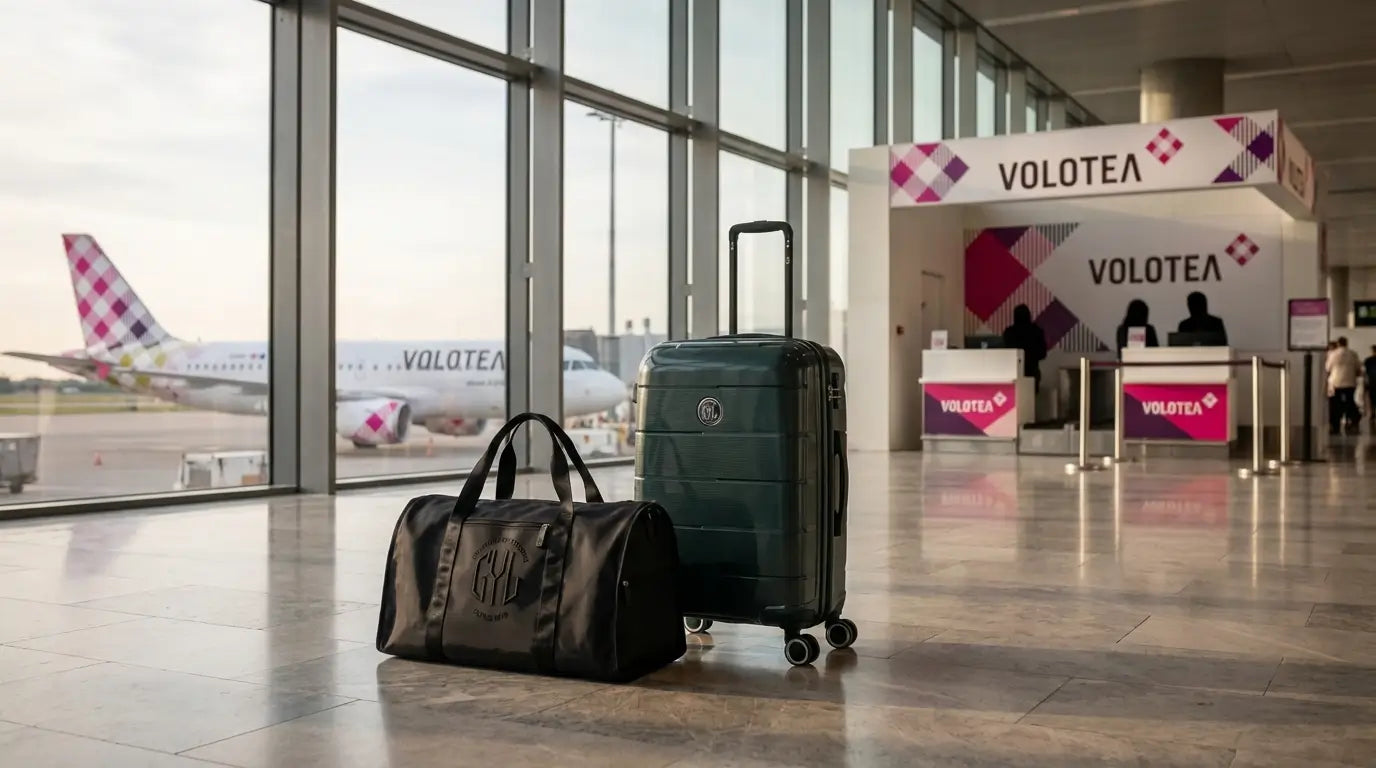 Bagage cabine GYL et sac personnel GYL posés dans un terminal avec un avion Volotea en arrière-plan et le comptoir d’enregistrement Volotea, illustrant les dimensions autorisées en cabine.