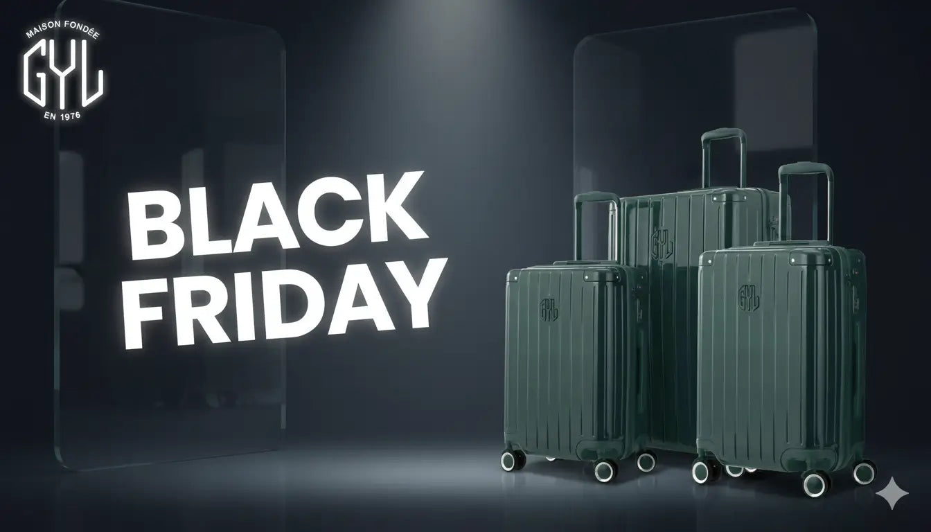 Bannière Black Friday GYL en style glassmorphism avec trois valises rigides Intemporelle vert foncé alignées sur fond sombre et logo GYL Maison fondée en 1976 en haut à gauche