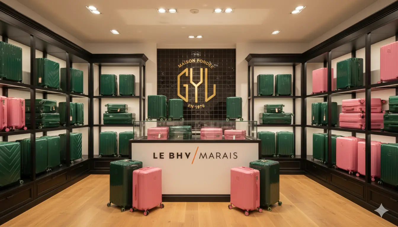 Espace GYL au BHV Marais présentant des valises vertes et roses sur des étagères en bois foncé, avec le logo GYL doré et le comptoir marqué “Le BHV Marais”.