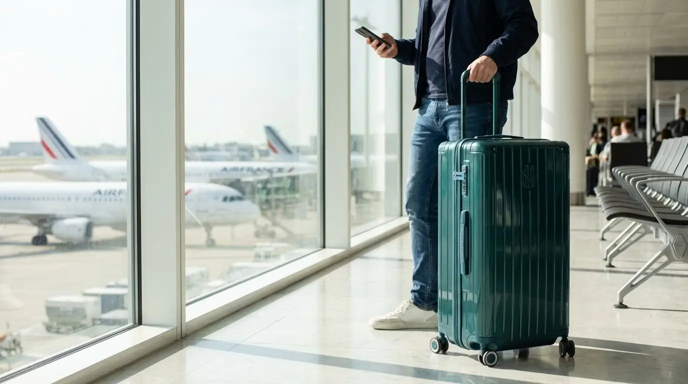 Voyageur à l’aéroport tenant une valise GYL couleur Sapin tout en consultant ses 100 000 miles Flying Blue sur son téléphone, avec des avions Air France en arrière-plan.