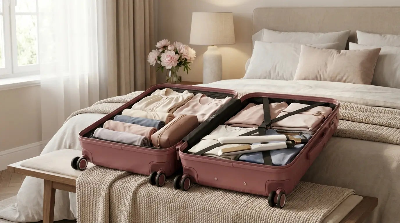 Valise cabine GYL ouverte dans une chambre élégante, remplie de vêtements de femme et d’un lisseur posé à l’intérieur, illustrant la préparation d’un bagage cabine pour voyager avec un appareil coiffant.