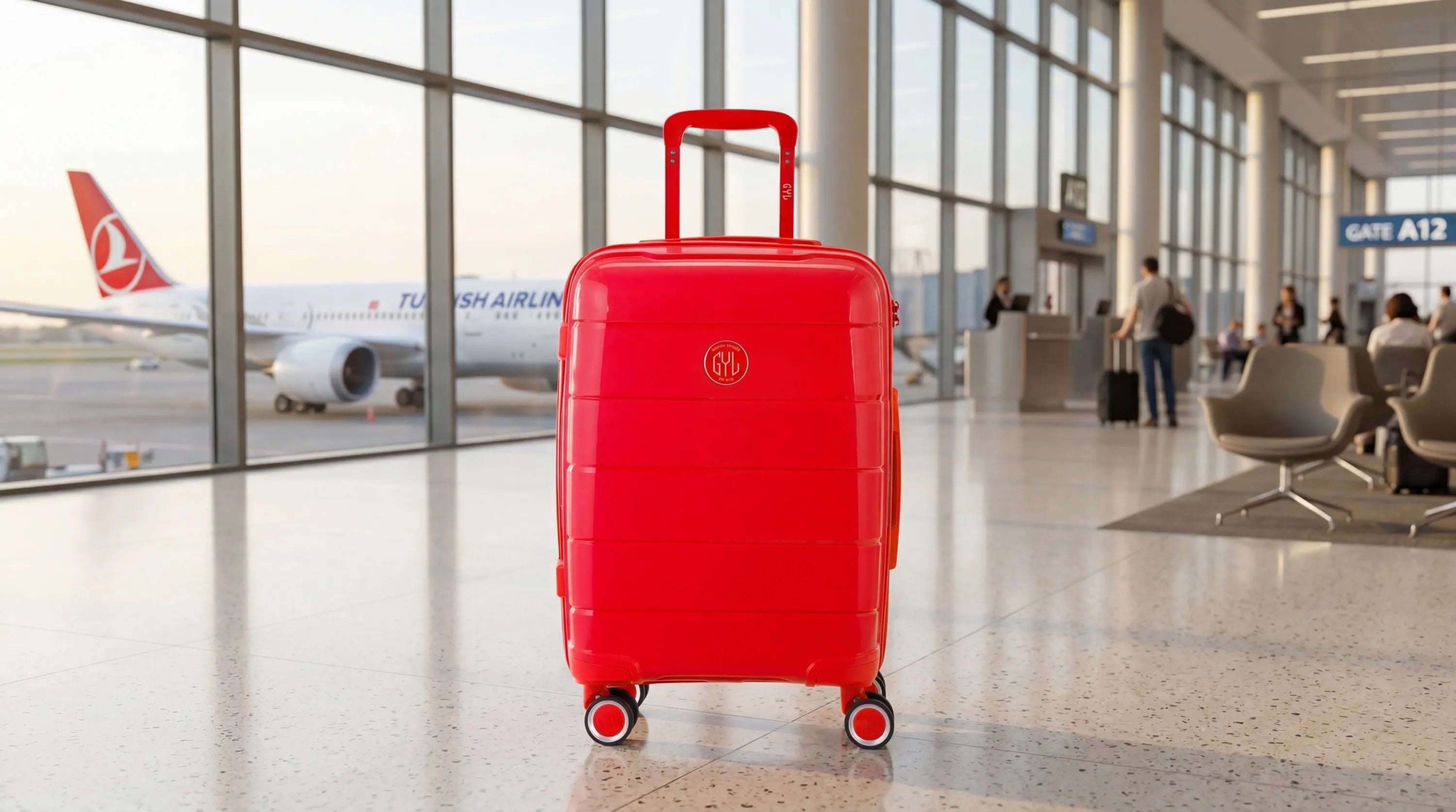 Valise cabine GYL Intemporelle rouge dans un terminal d'aéroport avec un avion Turkish Airlines en arrière-plan