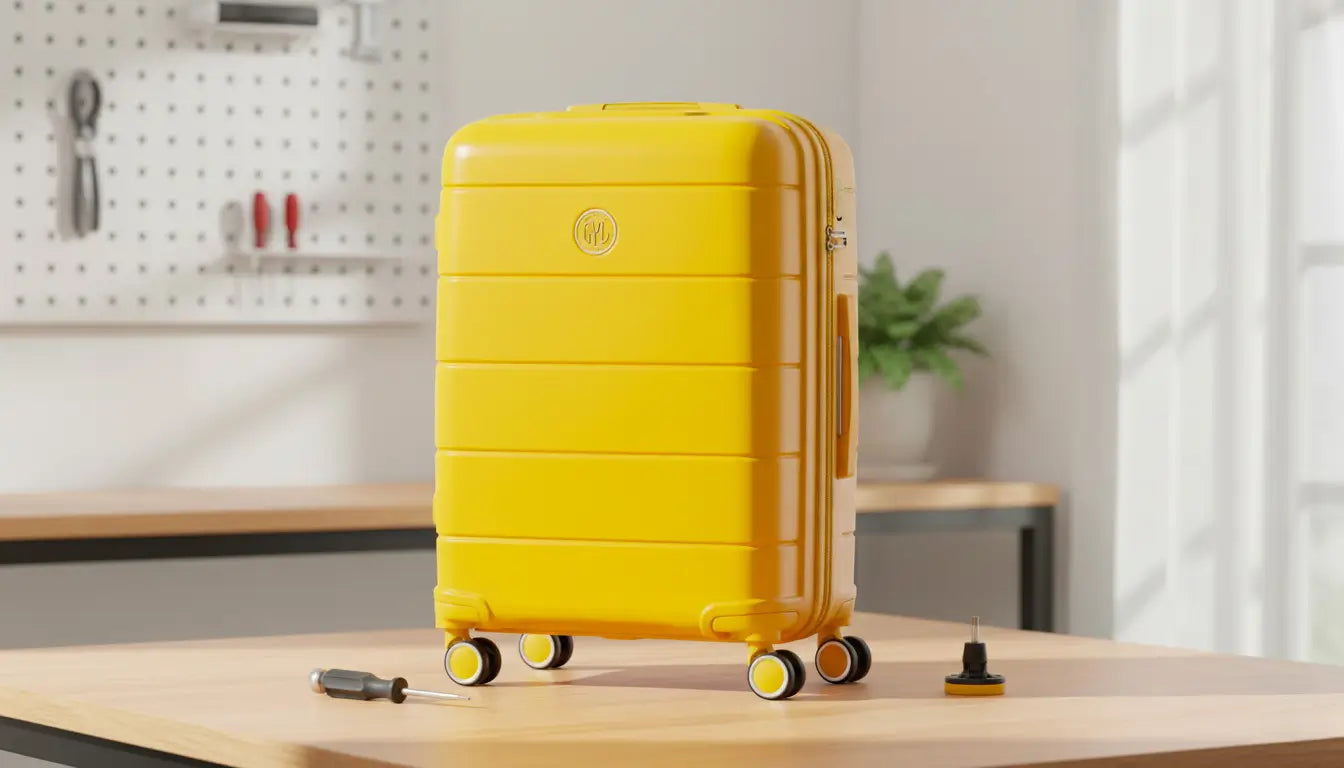 Valise rigide GYL jaune posée sur un plan de travail avec un tournevis et une roue démontée, illustrant le changement de roue d’une valise