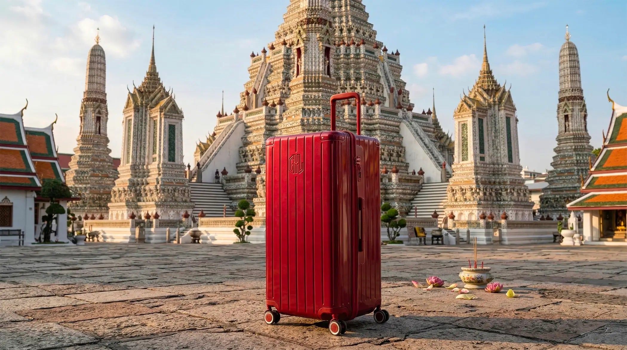 Une valise rigide rouge vif de la marque GYL posée au centre d'une cour pavée, avec le temple Wat Arun en arrière-plan sous un ciel de fin de journée en Thaïlande.