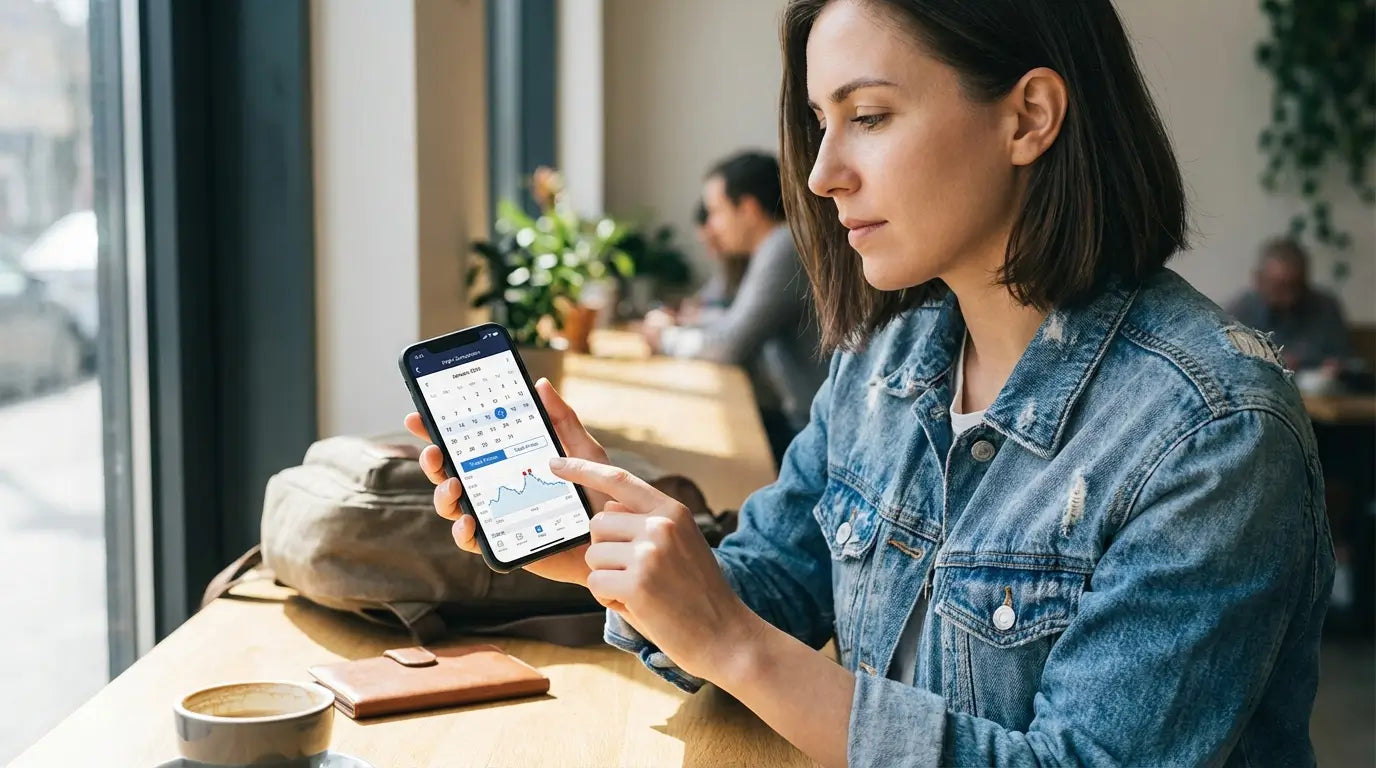 Voyageuse consultant un comparateur de vols sur smartphone pour analyser les prix et choisir le meilleur moment pour acheter un billet d’avion, assise dans un café lumineux.