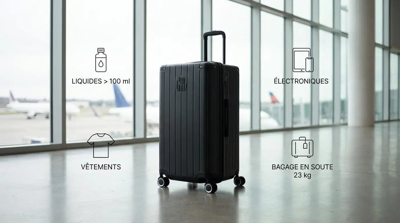 Valise GYL noire de 75 cm posée dans un terminal d’aéroport avec des pictogrammes indiquant les objets autorisés en soute, comme les liquides de plus de 100 ml, les vêtements, les appareils électroniques et un bagage en soute de 23 kg.