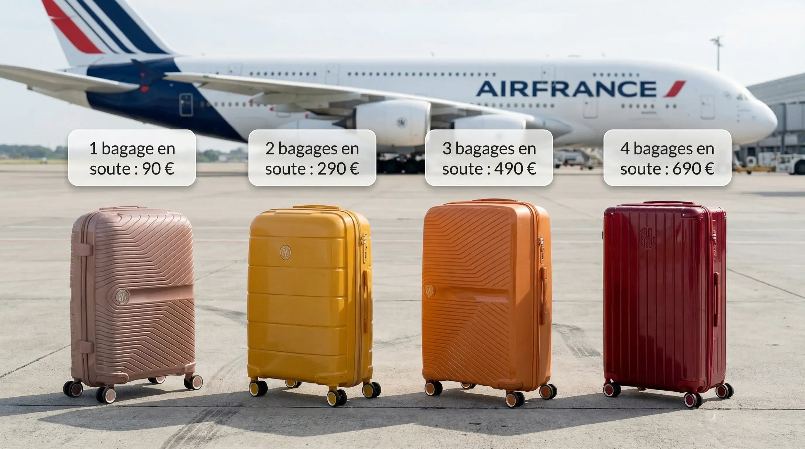 Tarifs des bagages en soute Air France avec un avion A380 en arrière-plan et quatre valises GYL illustrant le prix d’un à quatre bagages de 23 kg