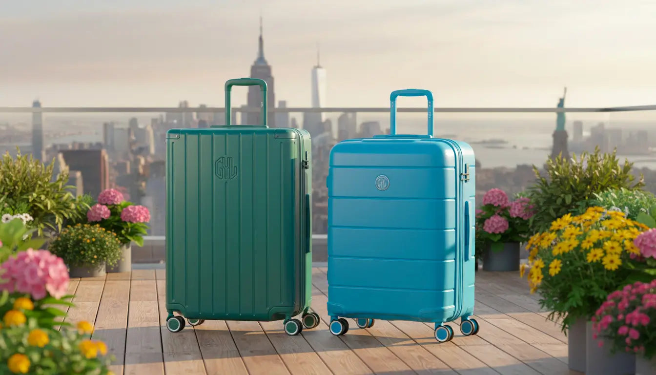 Deux valises rigides GYL de 23 kg, l’une verte et l’autre bleue, posées sur un rooftop fleuri avec la skyline de New York en arrière-plan, représentant la taille idéale pour un voyage d’une semaine.