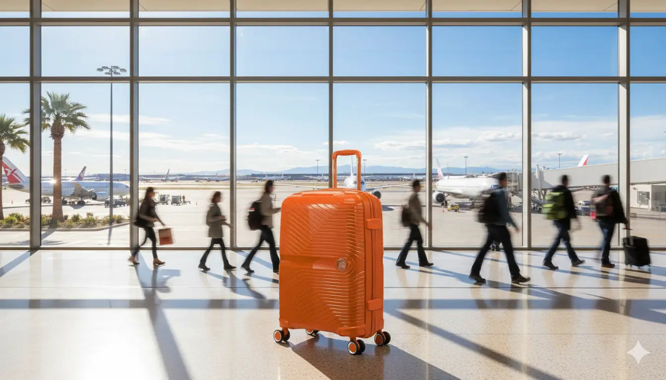 Valise cabine GYL Signature orange à l’aéroport de Las Vegas avec des voyageurs flous en arrière-plan et des palmiers visibles derrière les vitres.