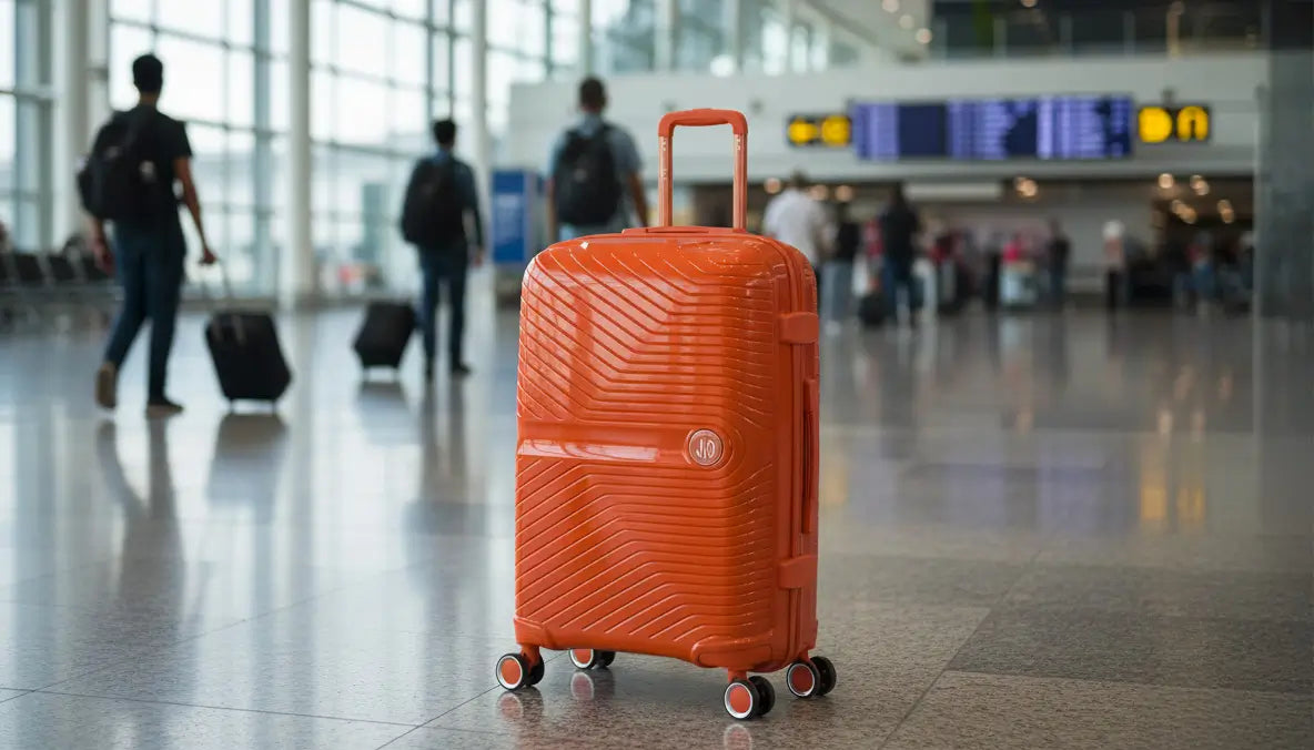 Valise moyenne GYL orange de 65 cm posée dans un aéroport, idéale pour un voyage d’une semaine. Coque rigide résistante, quatre roues doubles 360°, design moderne et pratique pour les trajets en avion.