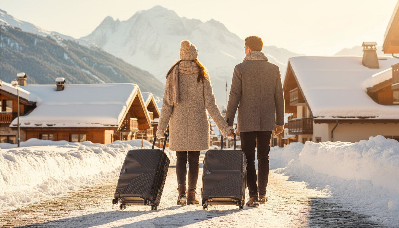 Couple marchant dans une station de ski enneigée, chacun tirant une valise rigide noire de taille moyenne — illustration d’un départ en vacances d’hiver avec une valise adaptée pour une semaine de ski.