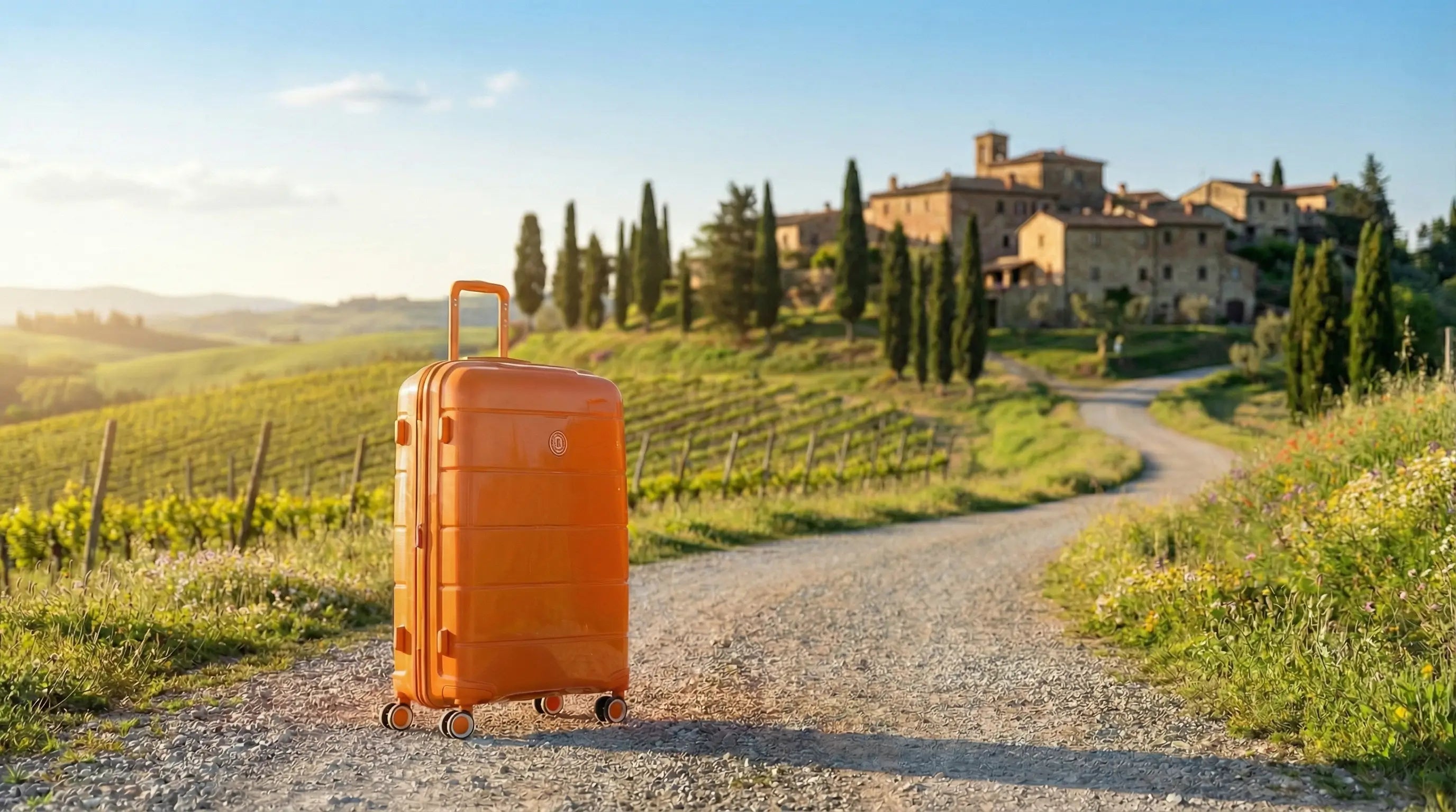 Valise de voyage orange sur une route de campagne en Toscane au printemps, symbole de vacances en mars en Italie