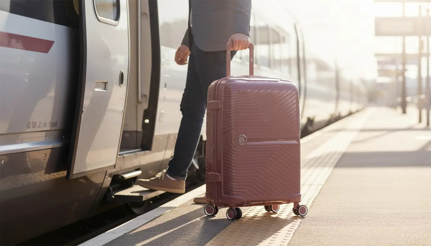 Homme montant dans un TGV avec une valise GYL couleur mauve poudré sur le quai d’une gare, valise à roulettes parfaitement adaptée aux voyages en train.