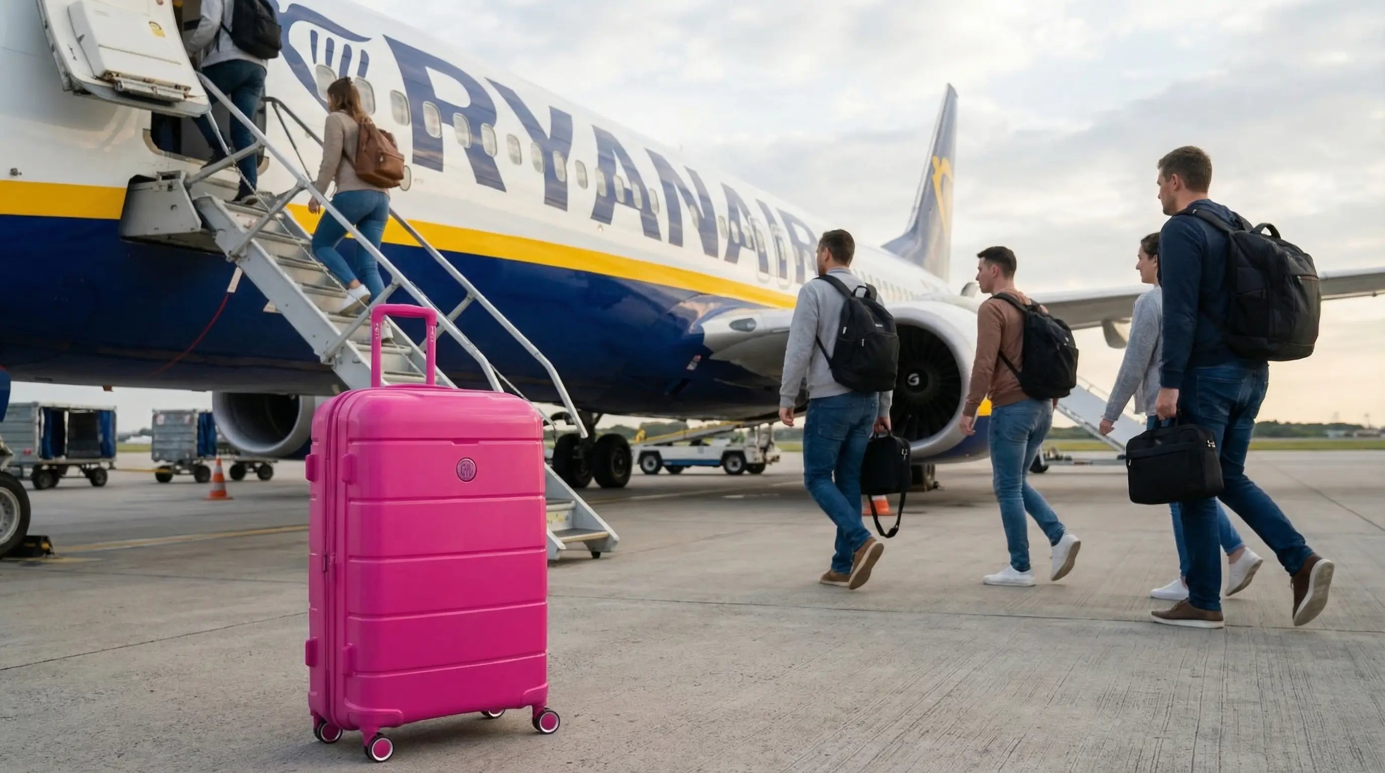 Valise cabine rose placée au pied d’un avion Ryanair pendant l’embarquement des passagers, illustrant les règles de bagage gratuit Ryanair en 2026