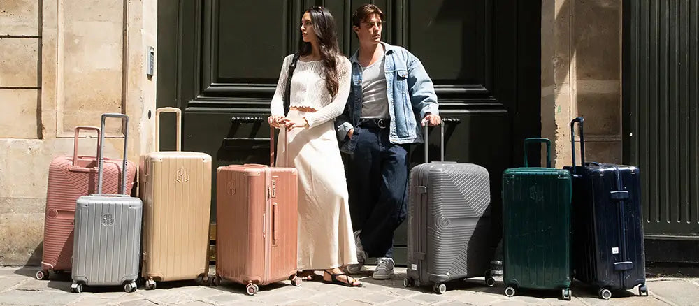 Couple avec valises soute GYL de différentes couleurs, bagages rigides design et robustes posés dans une rue parisienne.
