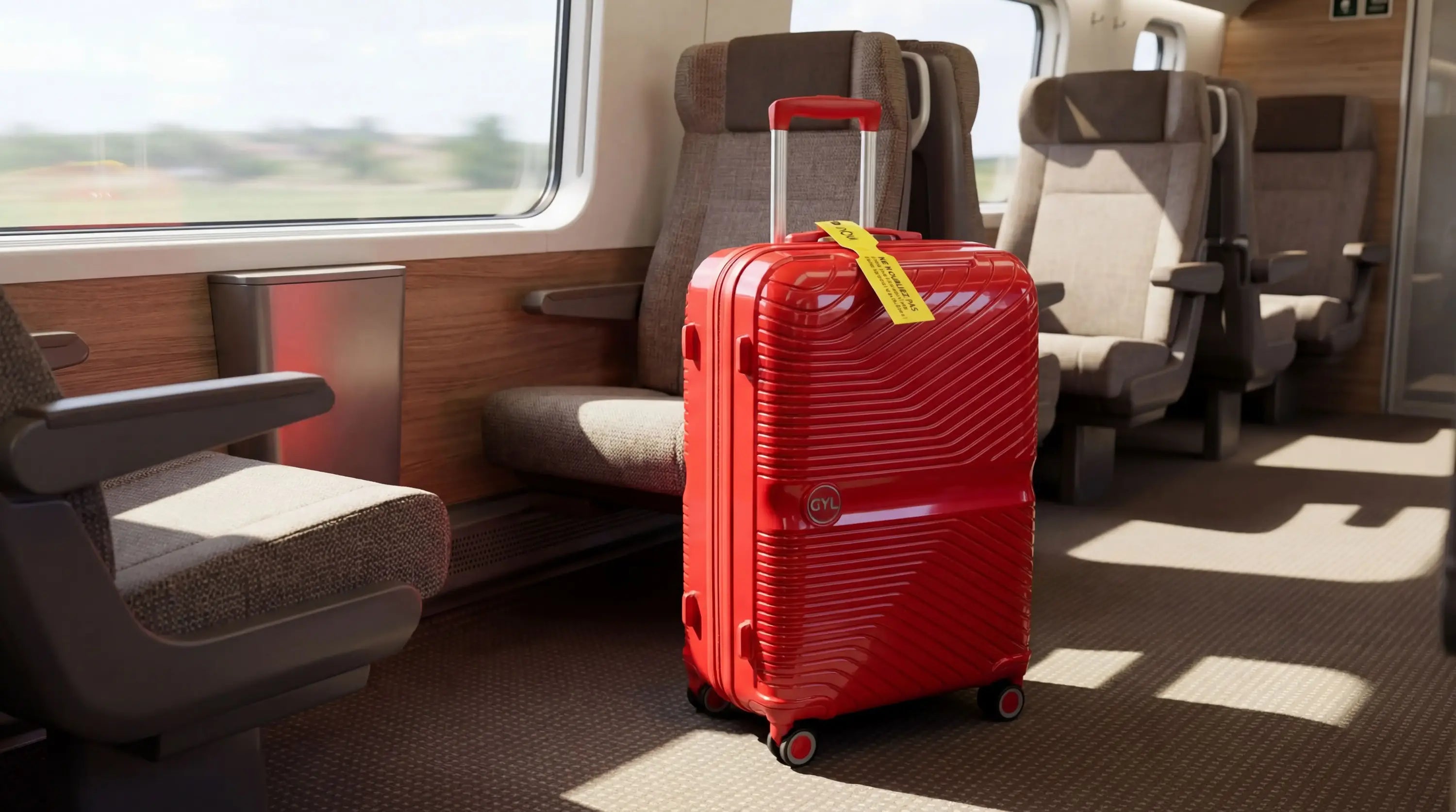 Gemini a dit Une valise rouge de la marque GYL posée dans l'allée d'un train moderne avec une étiquette jaune sur sa poignée télescopique.