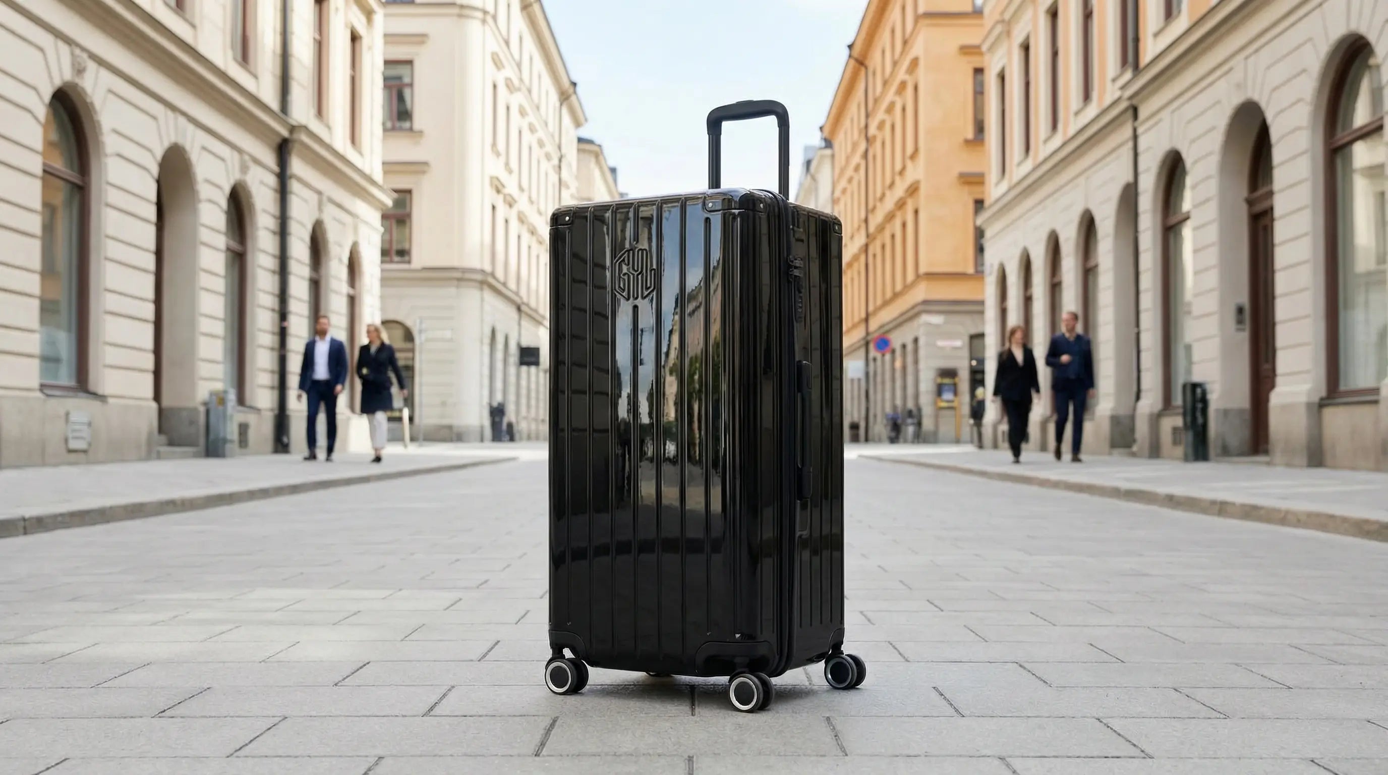 Photographie éditoriale d'une grande valise rigide noire brillante de la marque GYL, posée au centre d'une rue piétonne pavée dans le quartier de Norrmalm