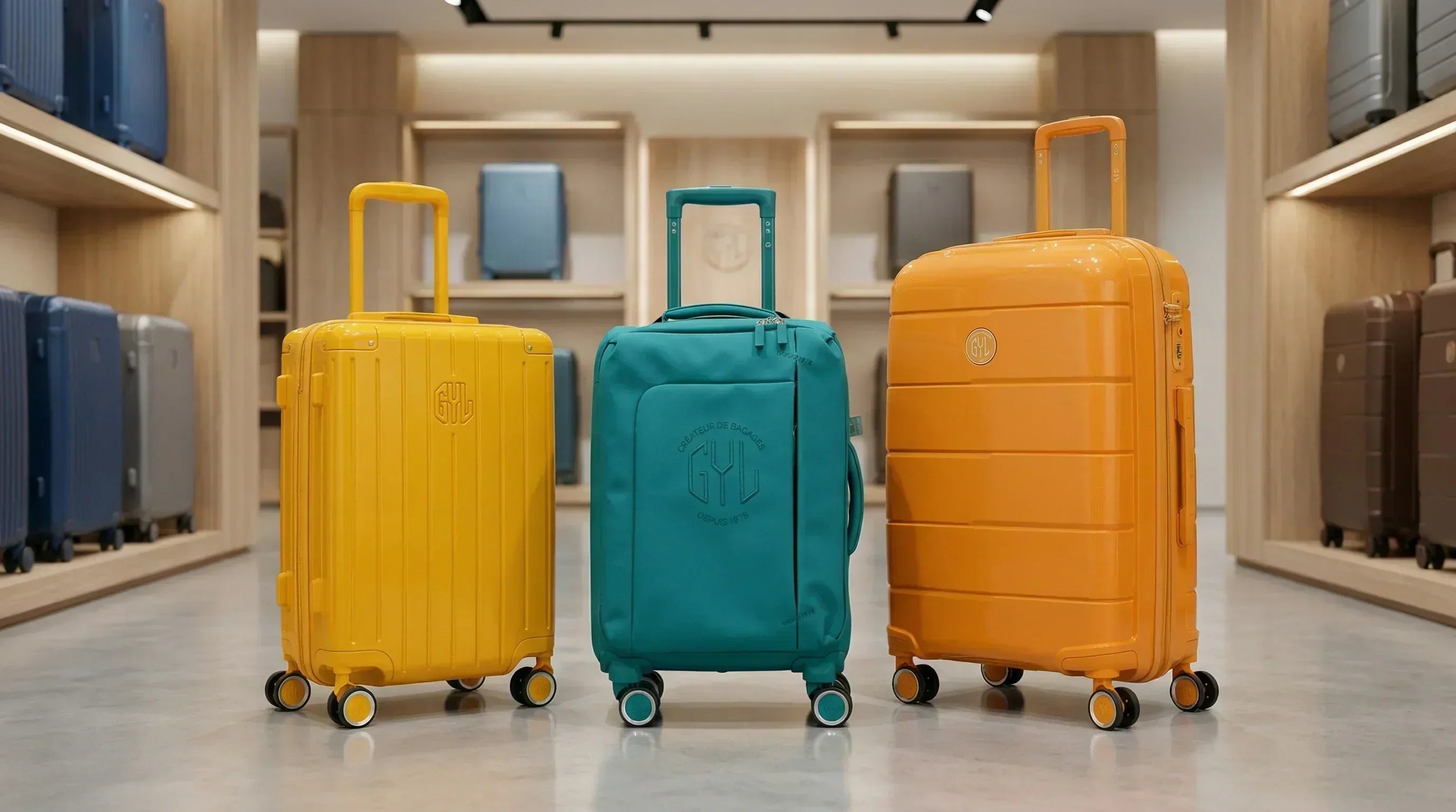 Trois valises de voyage GYL exposées en boutique : valise rigide jaune, valise souple sapin et valise rigide orange