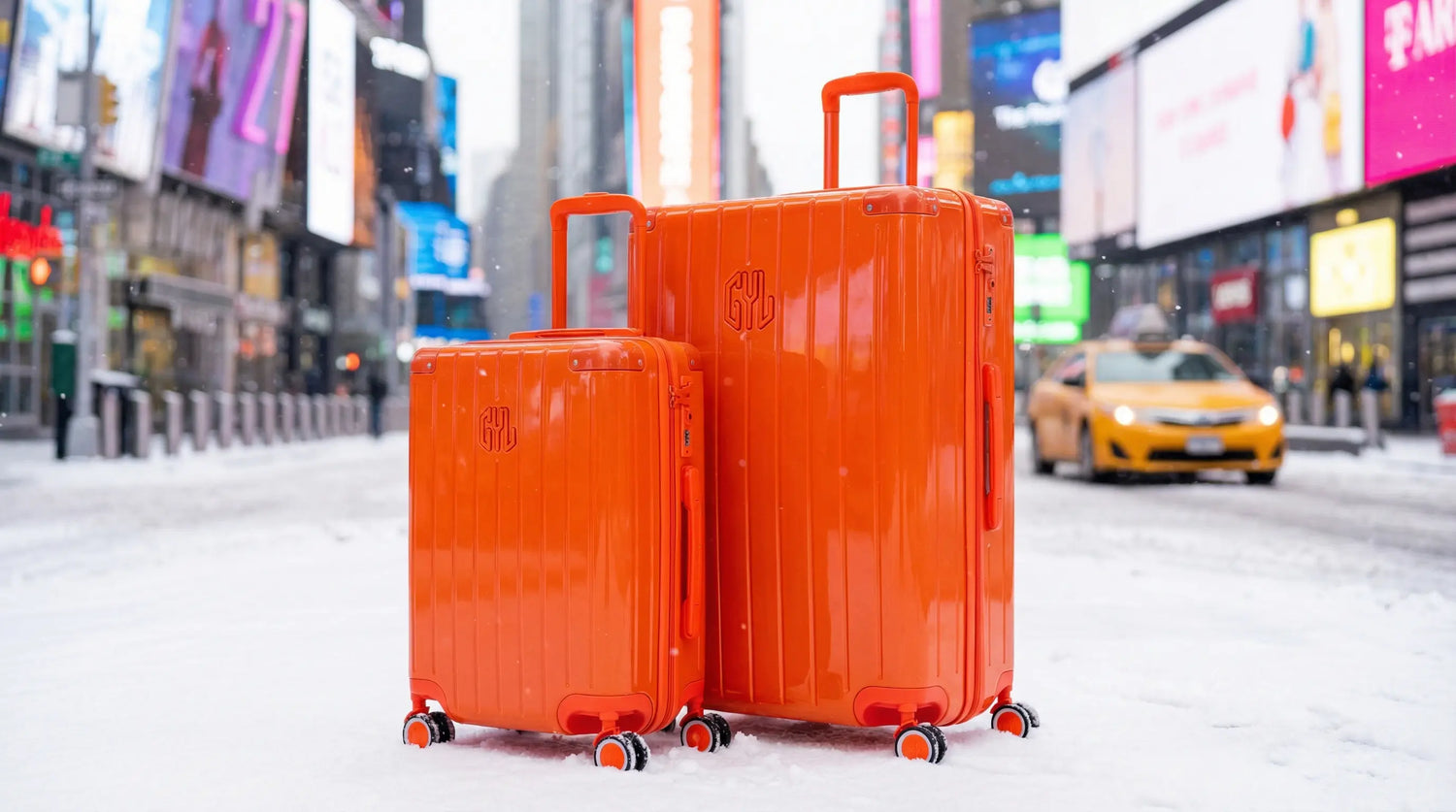 Deux valises rigides orange vif de la marque GYL posées sur la neige au cœur de Times Square à New York en hiver, avec un taxi jaune flou en arrière-plan.
