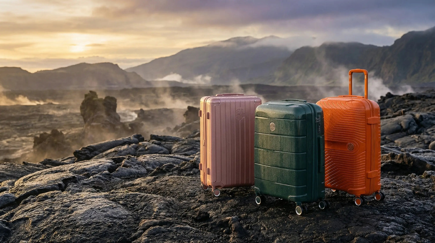 Valises de voyage dans un paysage naturel volcanique, inspiration pour voyager en février