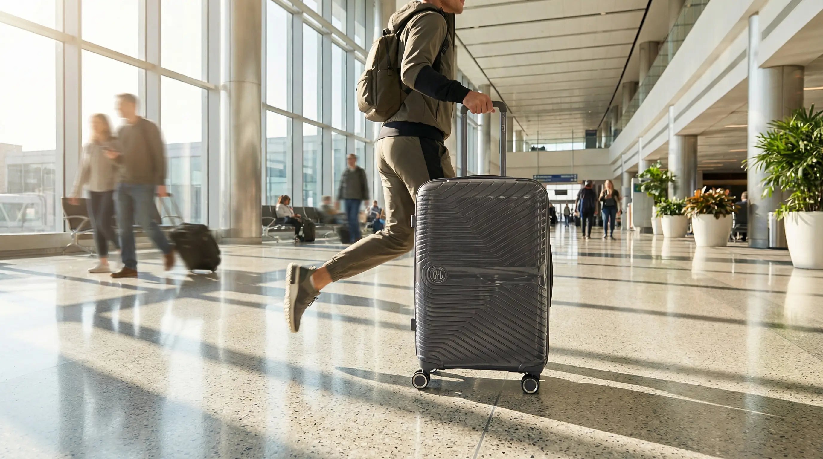 Voyageur courant dans un terminal d’aéroport avec une valise cabine rigide grise GYL