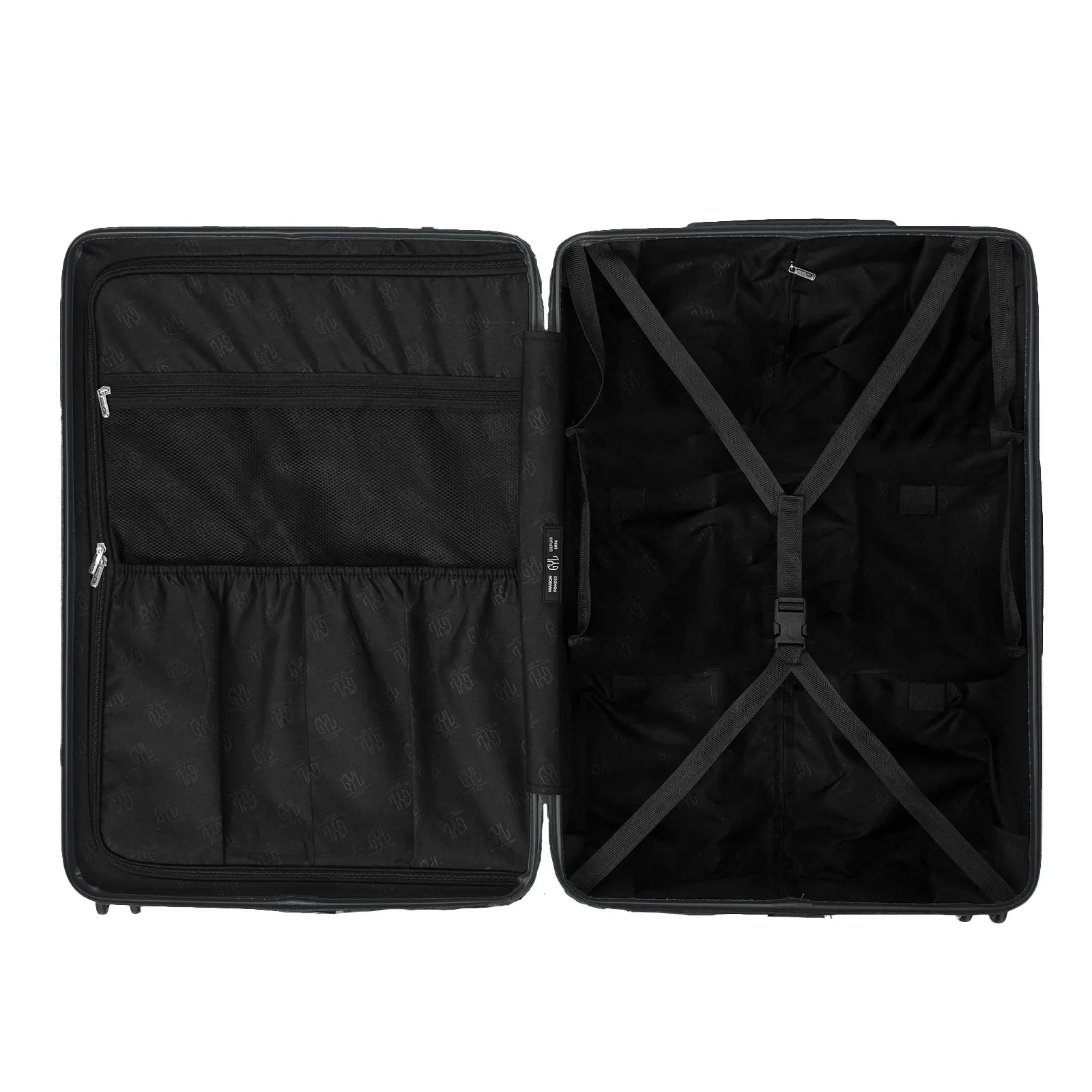 Intérieur compartimenté de la valise GYL Intemporelle gris foncé avec sangles croisées et poches filet.