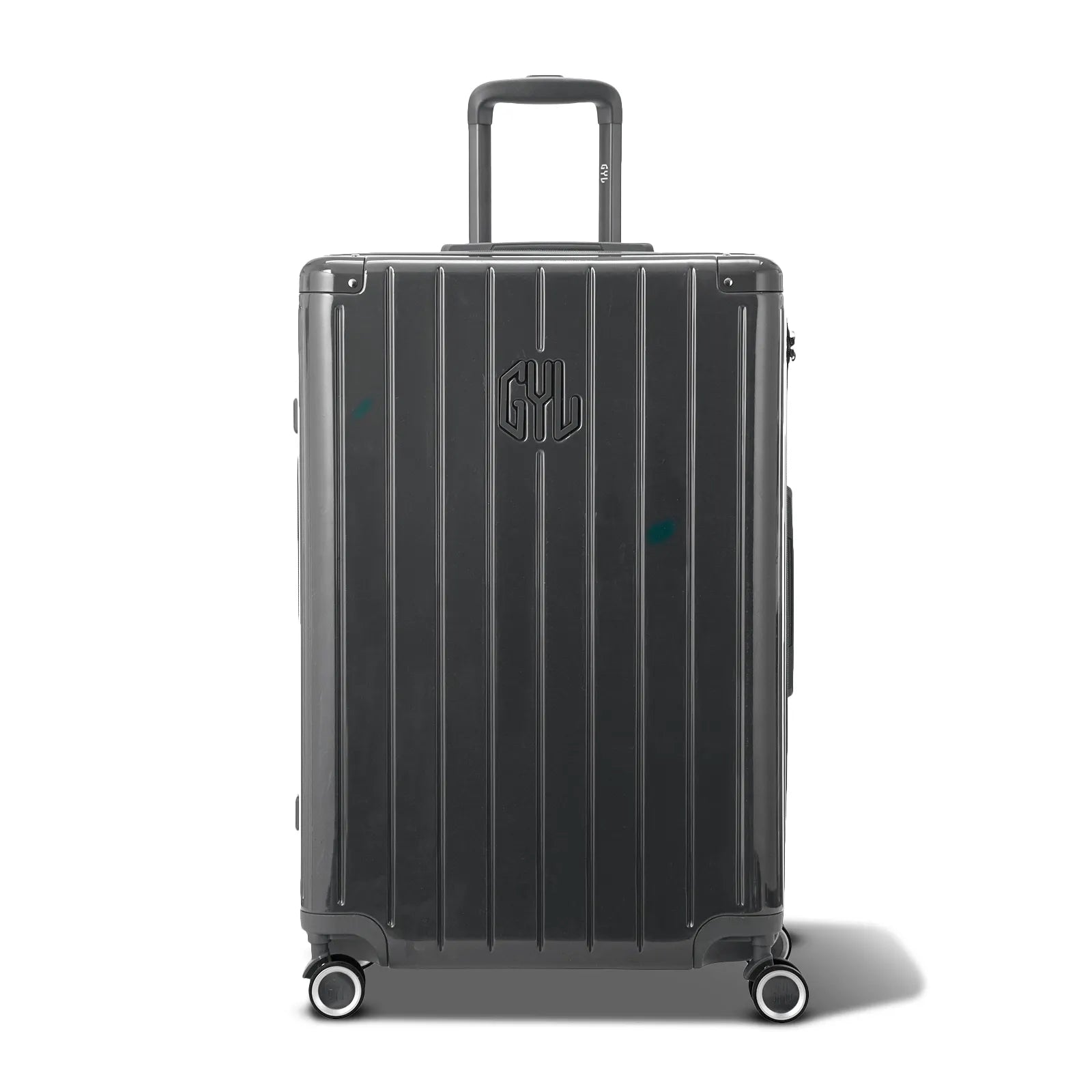 Vue avant de la valise rigide GYL Intemporelle gris foncé, logo embossé et roulettes 360 degrés.