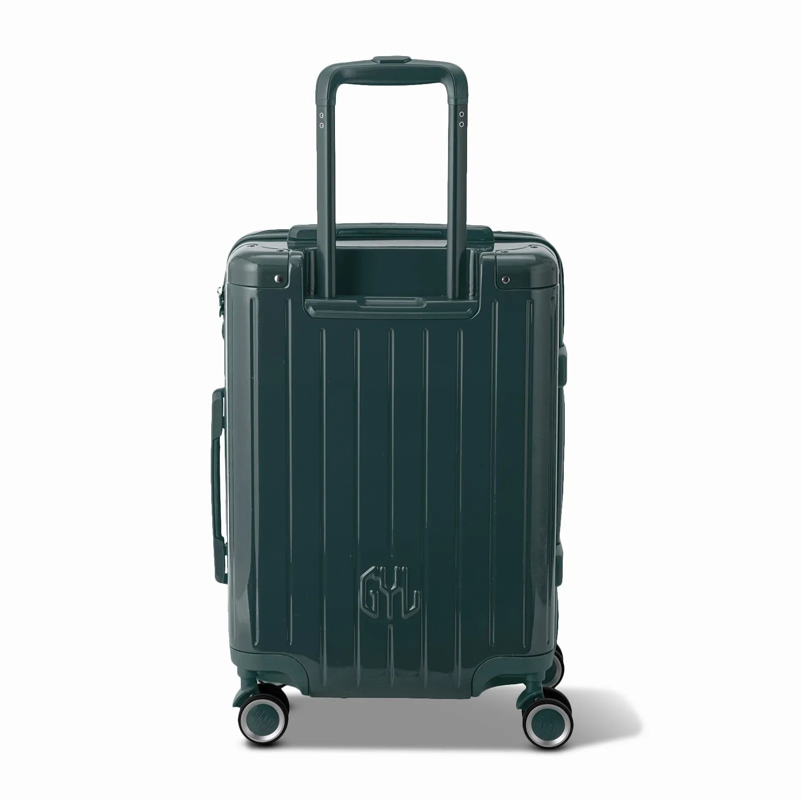 Vue arrière de la valise rigide GYL Intemporelle gris foncé avec poignées intégrées et roulettes pivotantes.