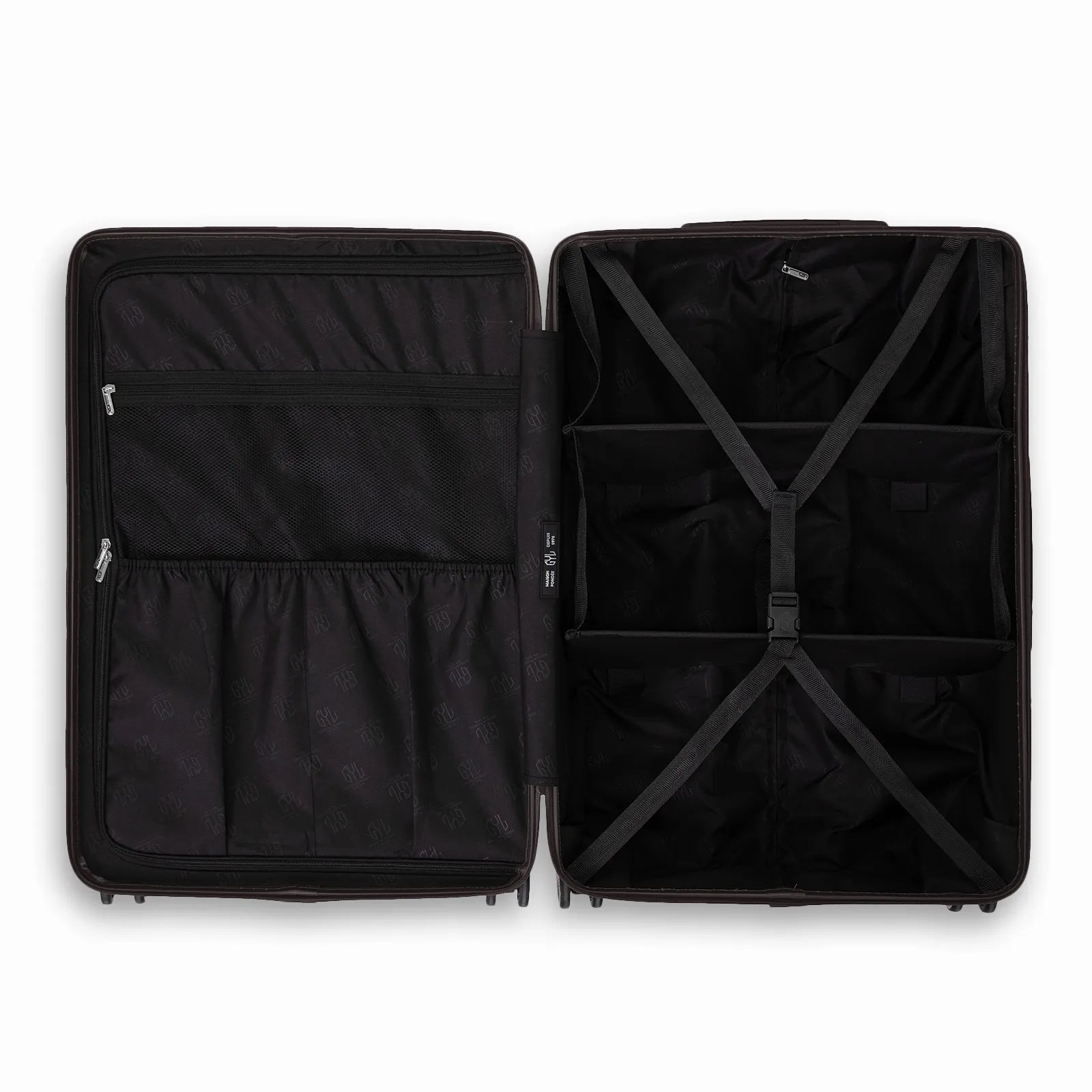 Intérieur compartimenté de la valise GYL Intemporelle noir avec sangles croisées et poches filet.