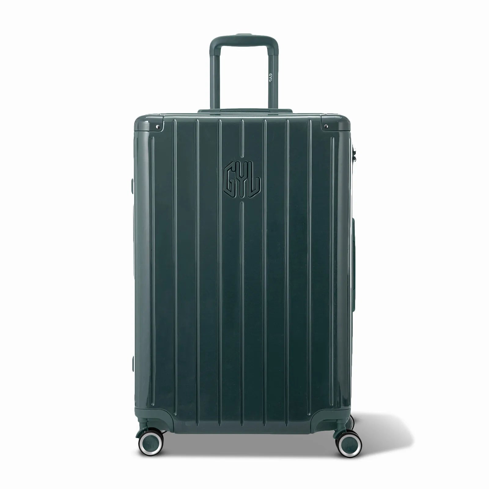 Vue avant de la valise rigide GYL Intemporelle gris foncé, logo embossé et roulettes 360 degrés.