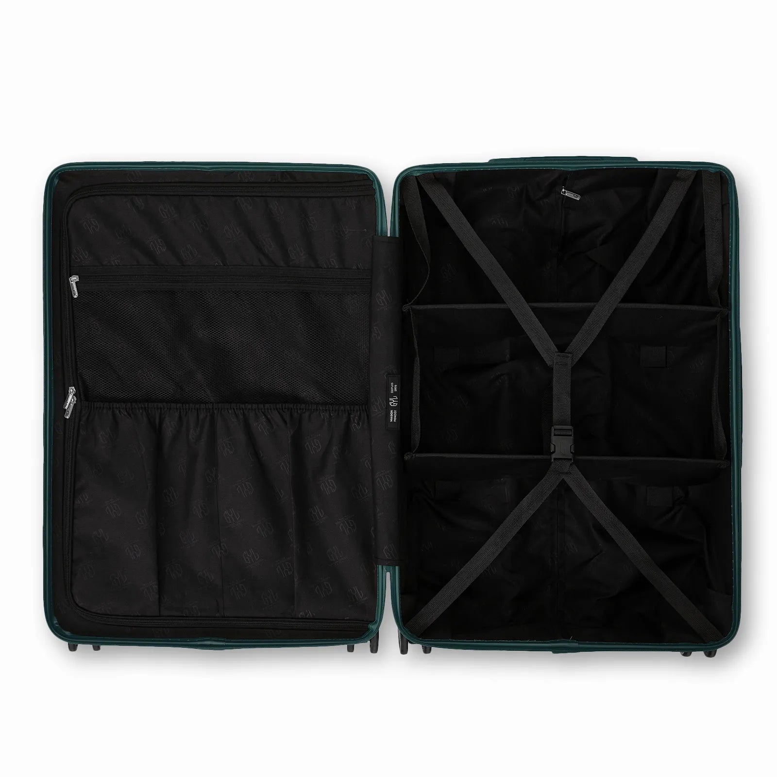 Intérieur compartimenté de la valise GYL Intemporelle gris foncé avec sangles croisées et poches filet.