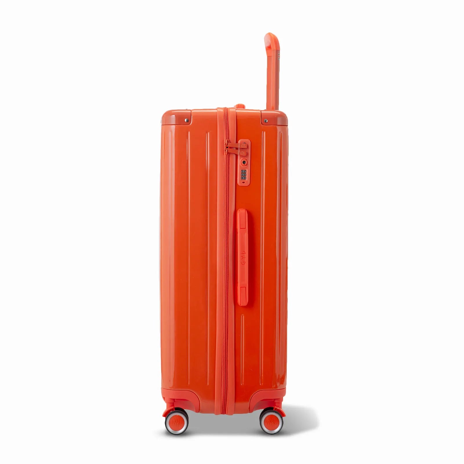 Vue latérale de la valise rigide GYL Intemporelle orange avec poignée télescopique et fermeture TSA.