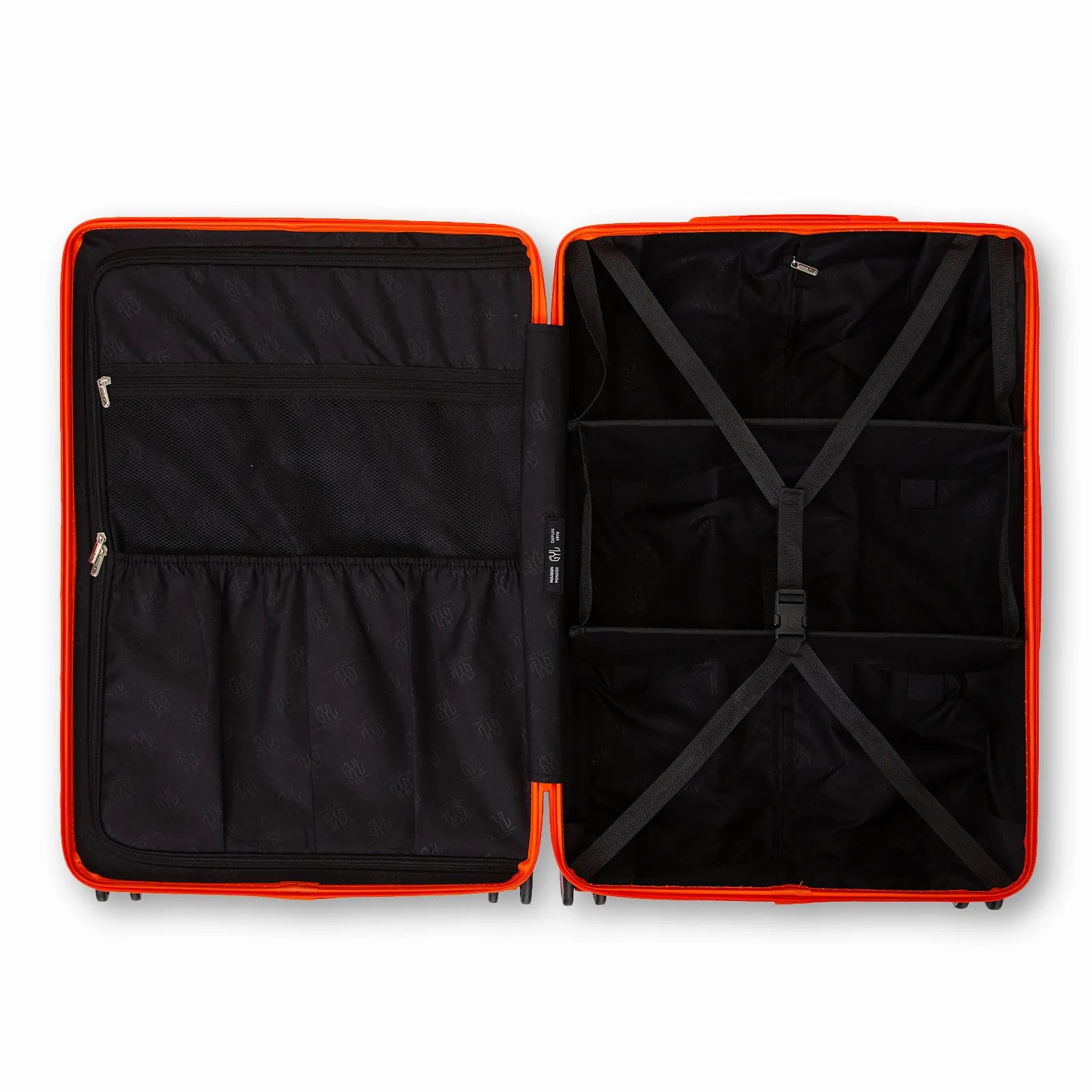 Intérieur compartimenté de la valise GYL Intemporelle orange avec sangles croisées et poches filet.