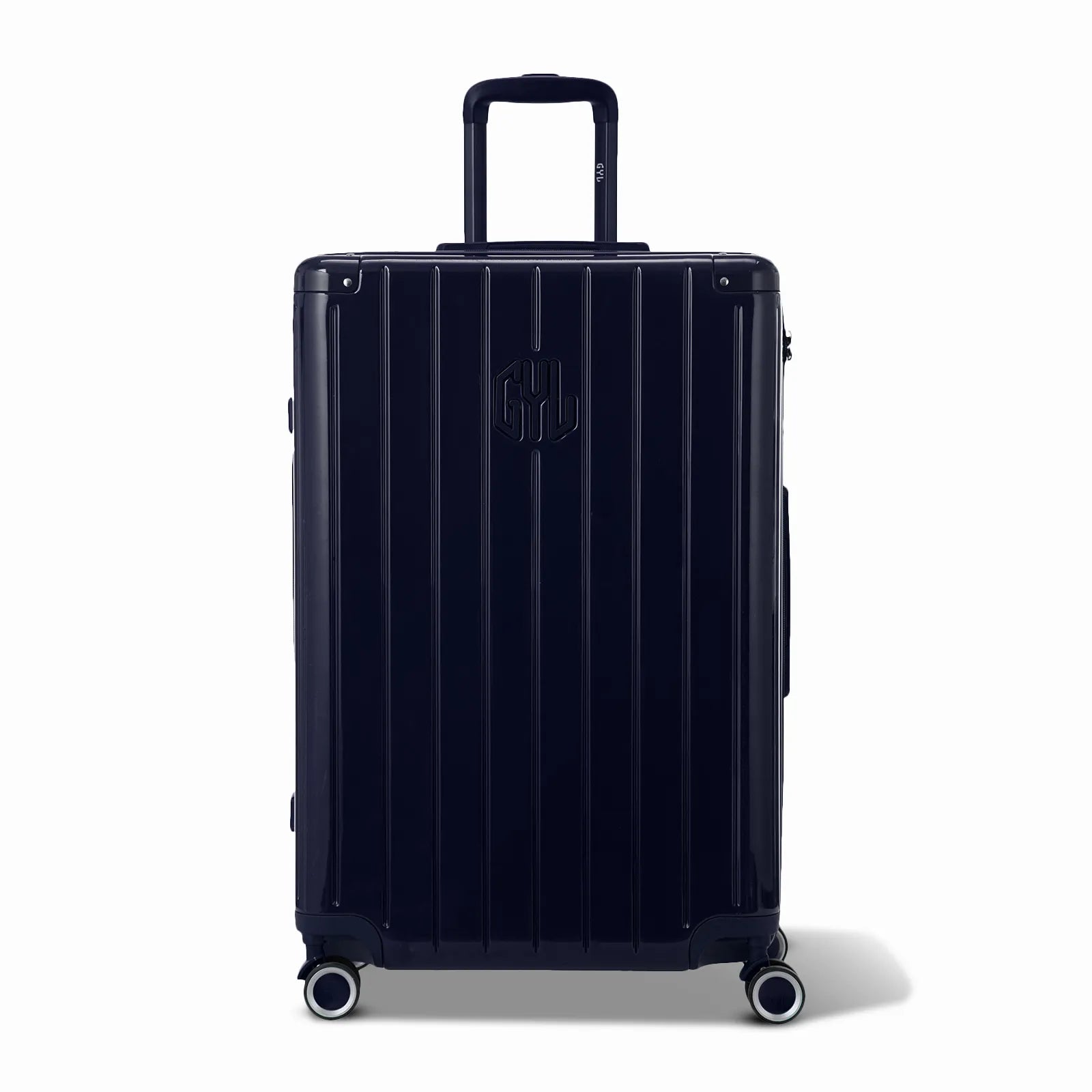 Vue avant de la valise rigide GYL Intemporelle marine, logo embossé et roulettes 360 degrés.