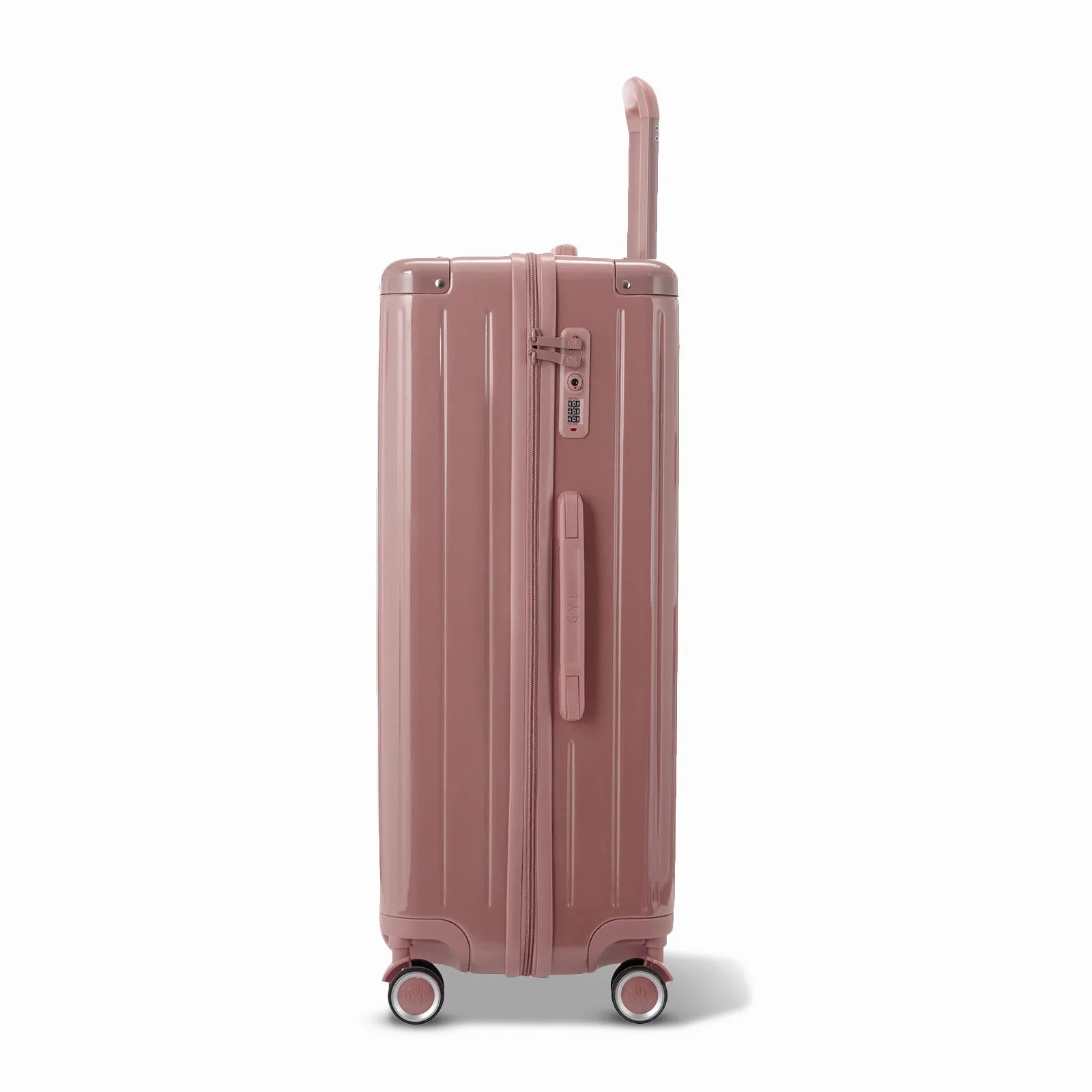 Vue latérale de la valise rigide GYL Intemporelle rose gold avec poignée télescopique et fermeture TSA.