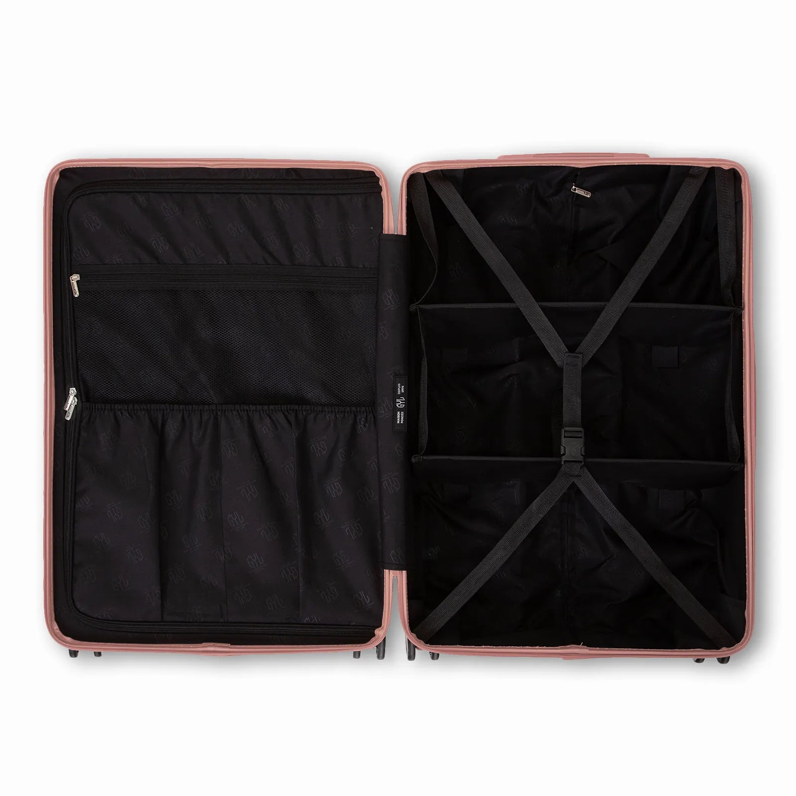 Intérieur compartimenté de la valise GYL Intemporelle rose gold avec sangles croisées et poches filet.