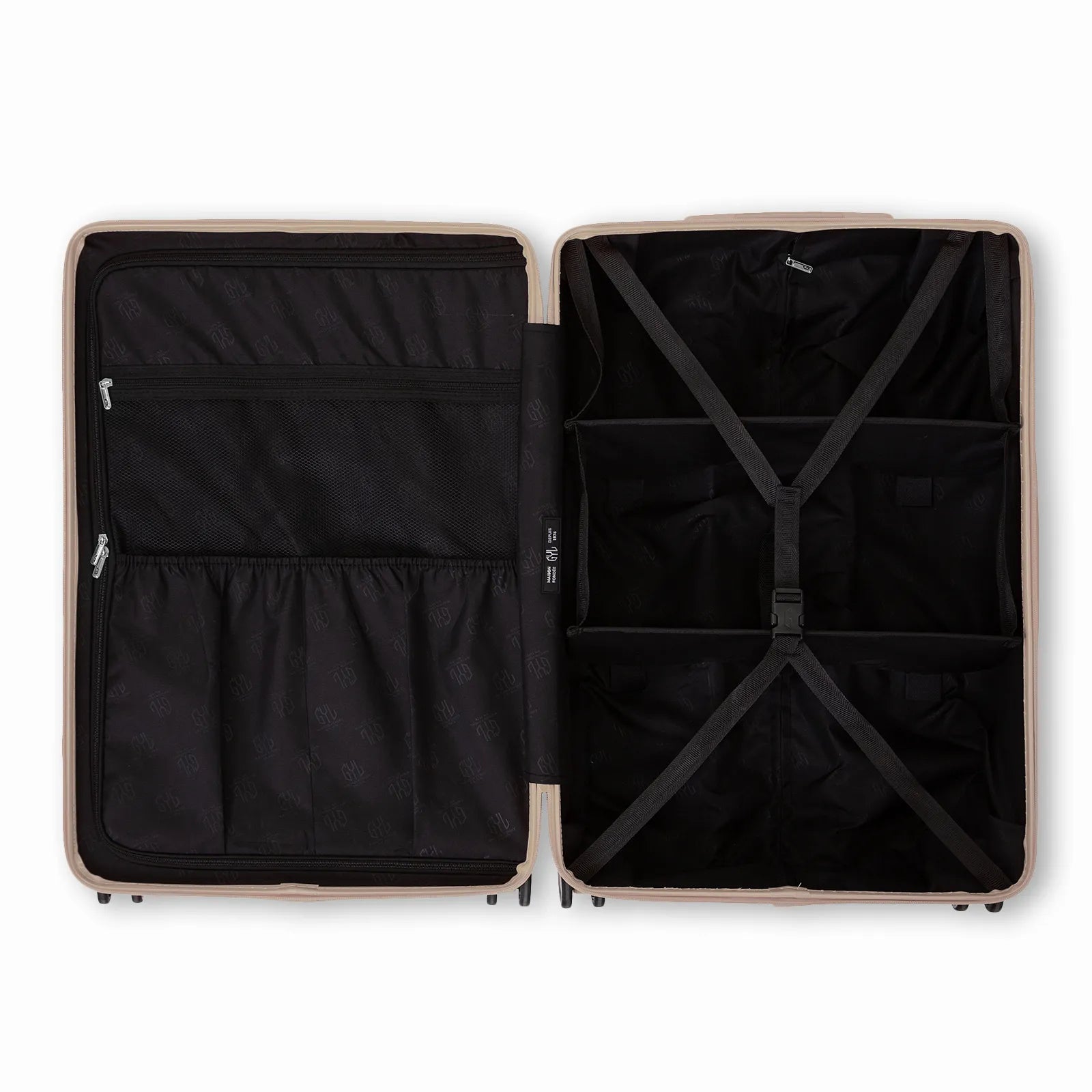 Intérieur compartimenté de la valise GYL Intemporelle sable avec sangles croisées et poches filet.