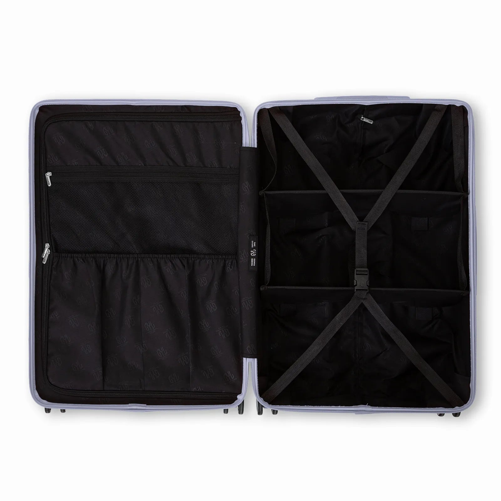 Intérieur compartimenté de la valise GYL Intemporelle argent avec sangles croisées et poches filet.