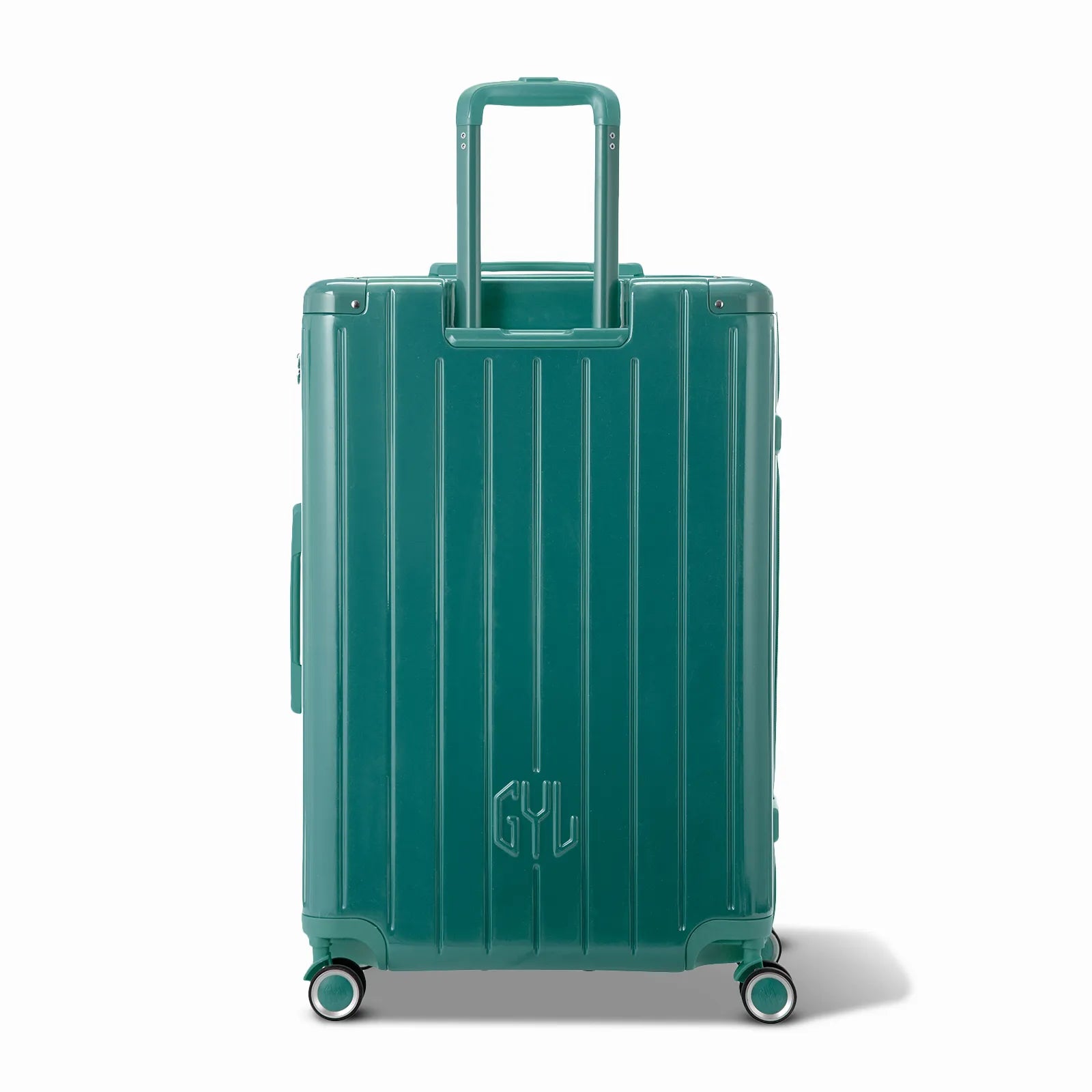 Vue arrière de la valise rigide GYL Intemporelle vert d'eau avec poignées intégrées et roulettes pivotantes.