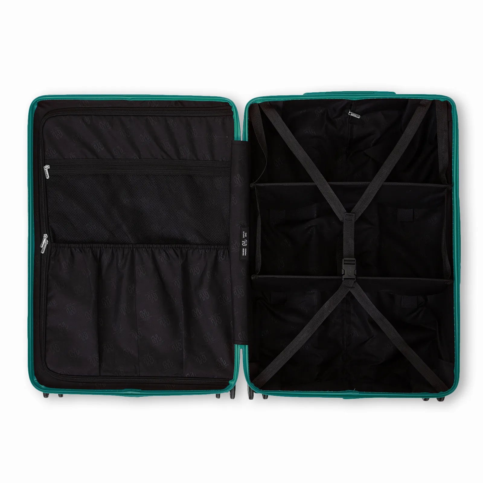 Intérieur compartimenté de la valise GYL Intemporelle vert d'eau avec sangles croisées et poches filet.