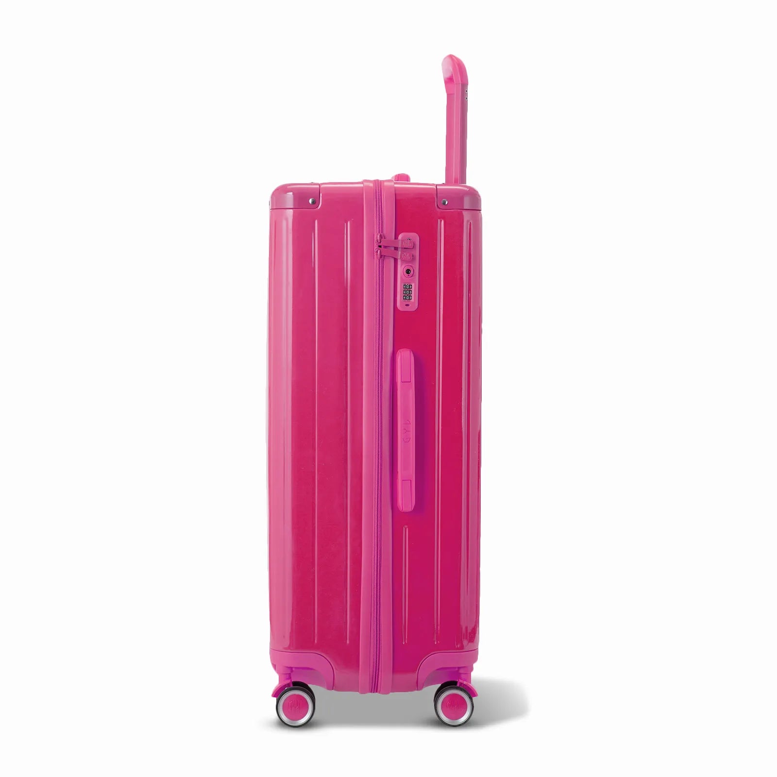 Vue latérale de la valise rigide GYL Intemporelle fuchsia avec poignée télescopique et fermeture TSA.