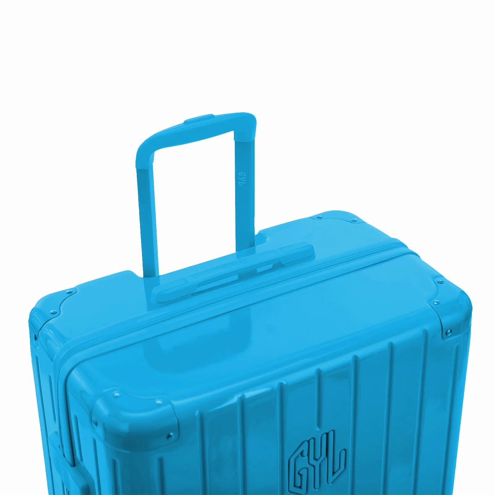 Poignée trolley télescopique GYL déployée sur la valise Intemporelle menthe en polycarbonate.