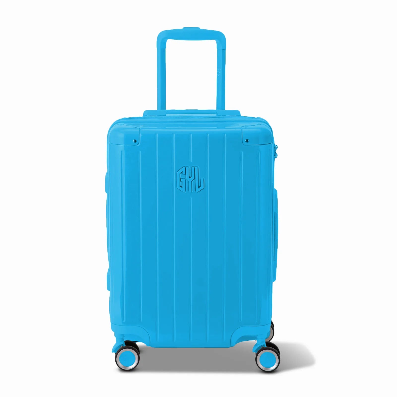 Vue avant de la valise rigide GYL Intemporelle menthe, logo embossé et roulettes 360 degrés.