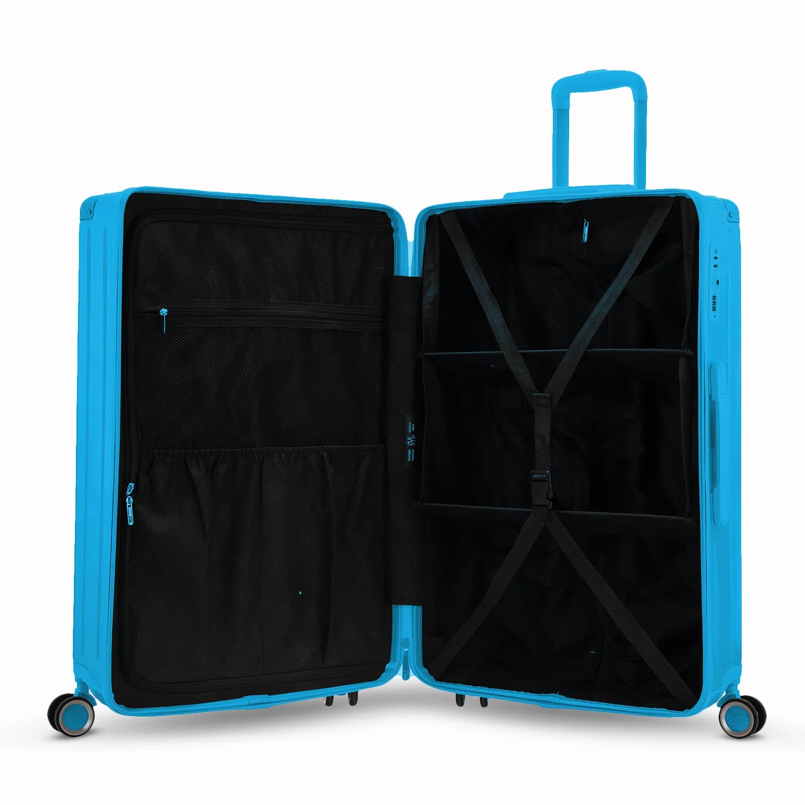 Intérieur compartimenté de la valise GYL Intemporelle menthe avec sangles croisées et poches filet.