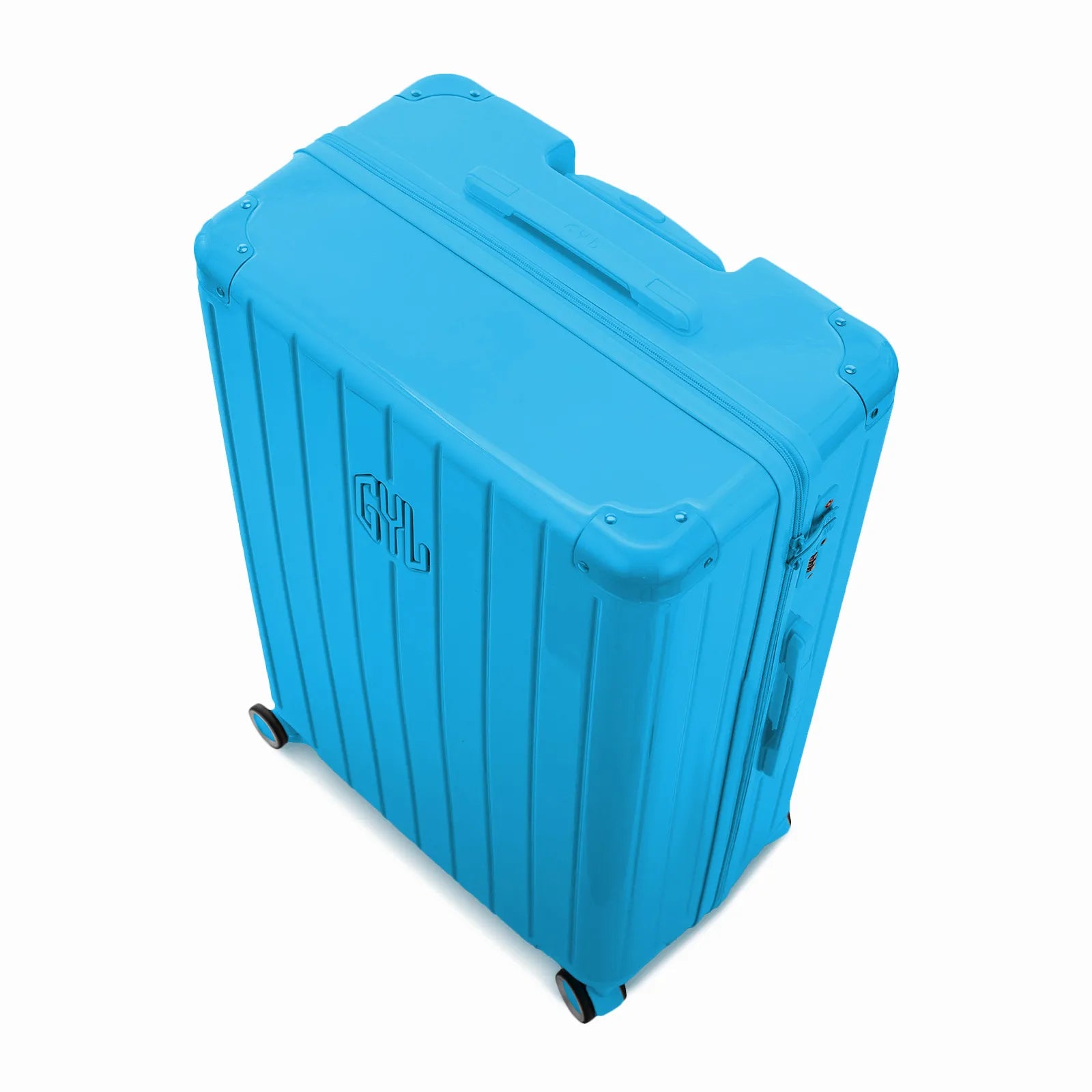 Vue en angle de la valise rigide GYL Intemporelle menthe avec coins renforcés et coque nervurée brillante.