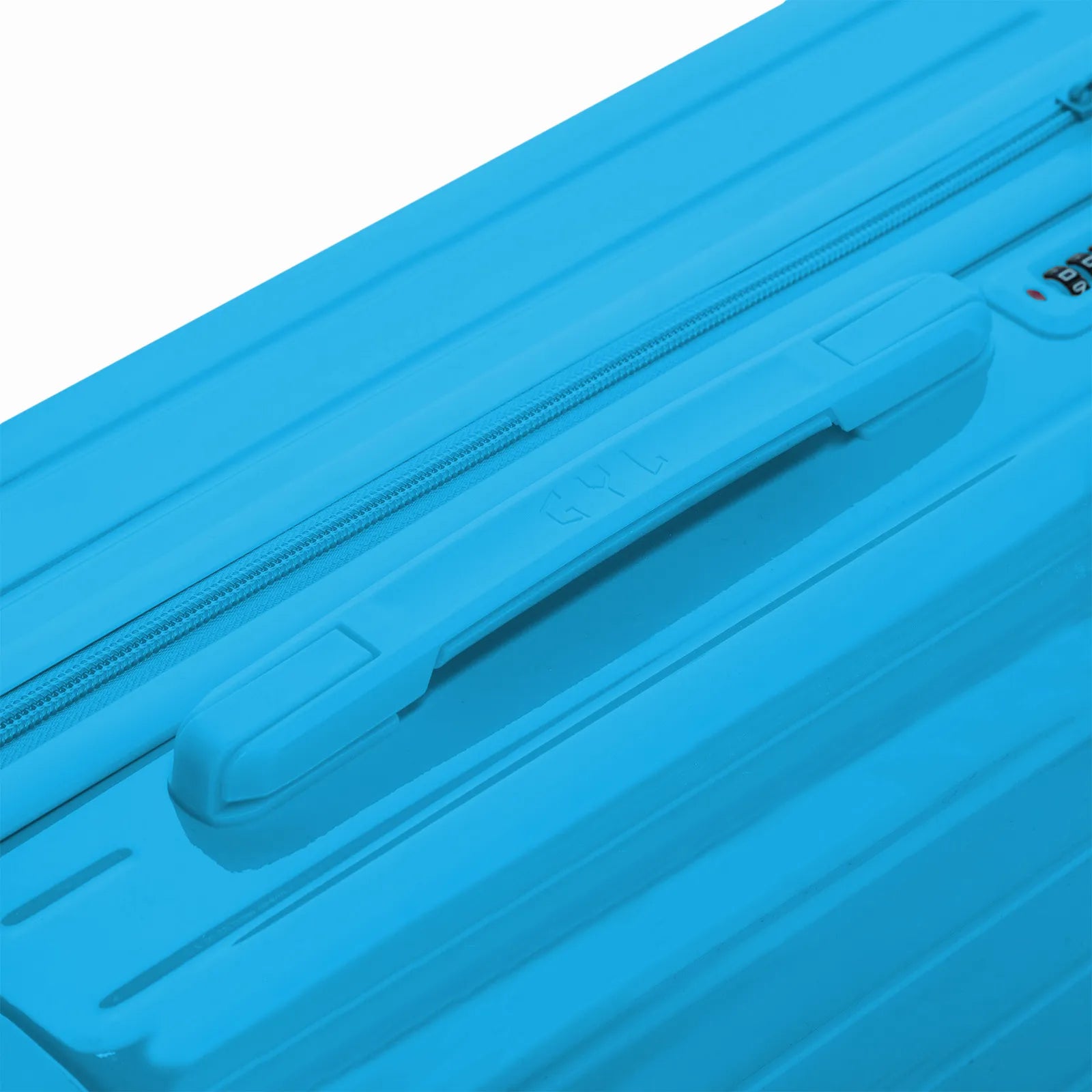 Poignée supérieure rigide de la valise GYL Intemporelle menthe avec logo embossé sur le dessus.