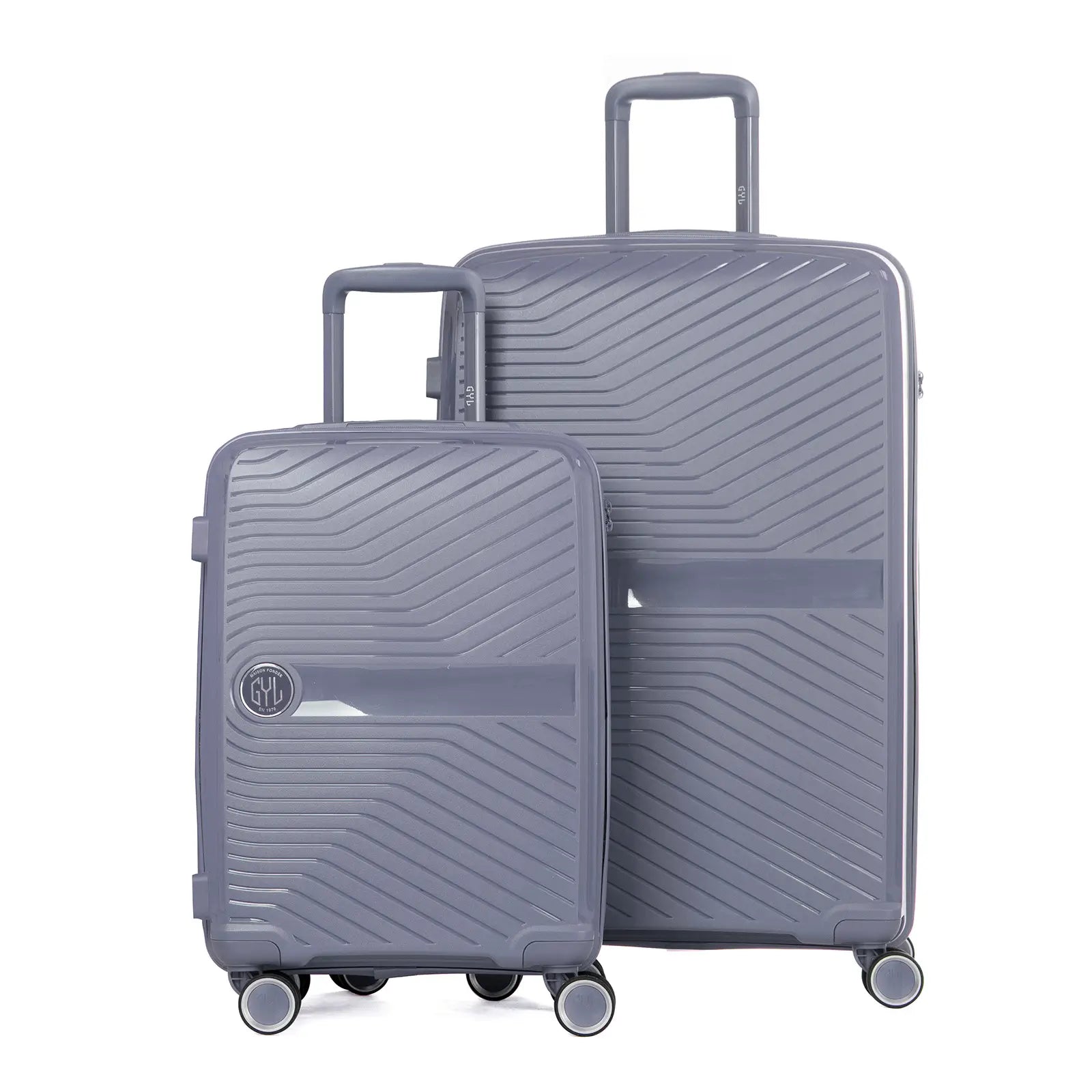 Set de deux valises GYL Signature en polypropylène argent, comprenant les formats moyenne et soute, avec trolley télescopique et roues doubles 360°.