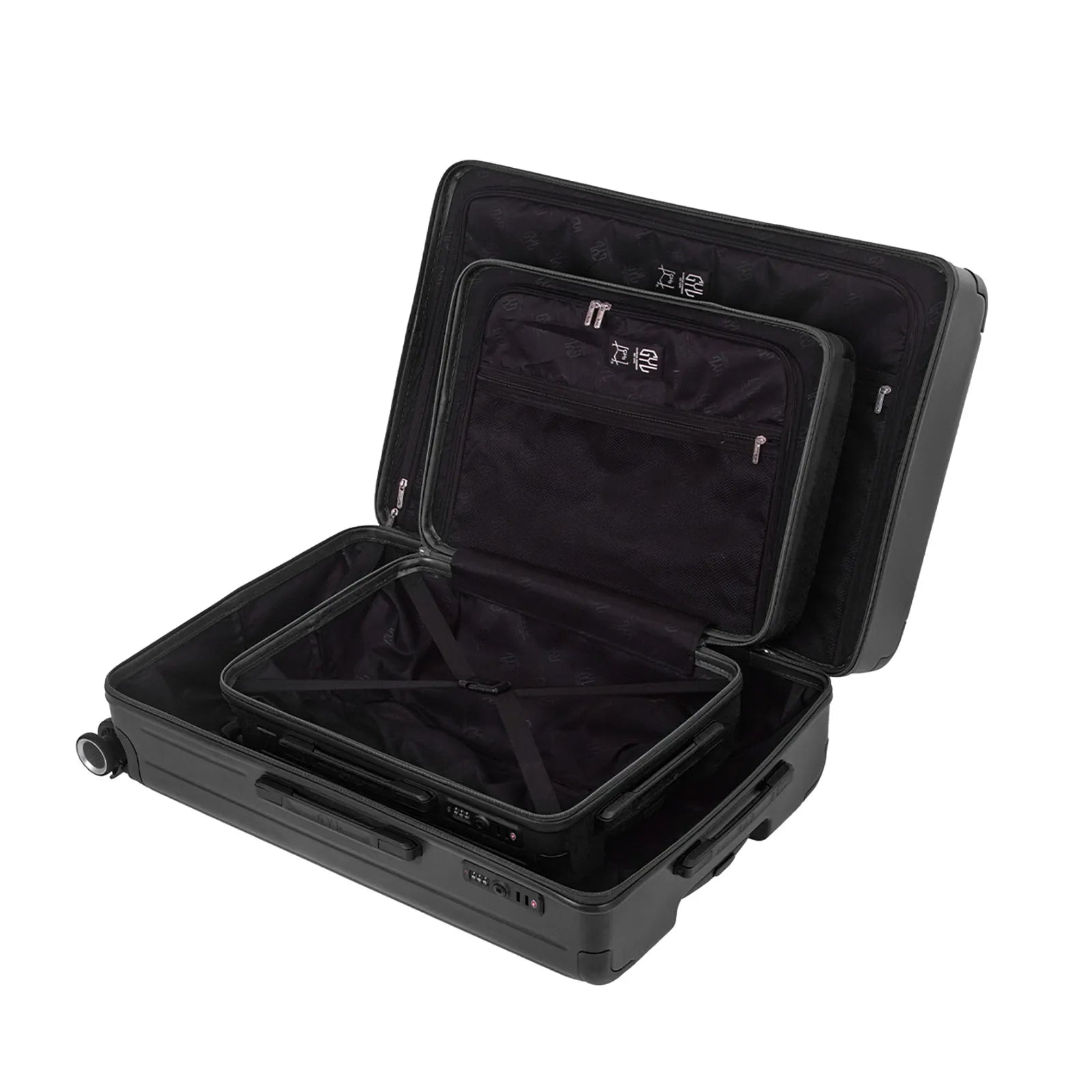 Intérieur compartimenté de la valise GYL Intemporelle noir avec sangles croisées et poches filet.